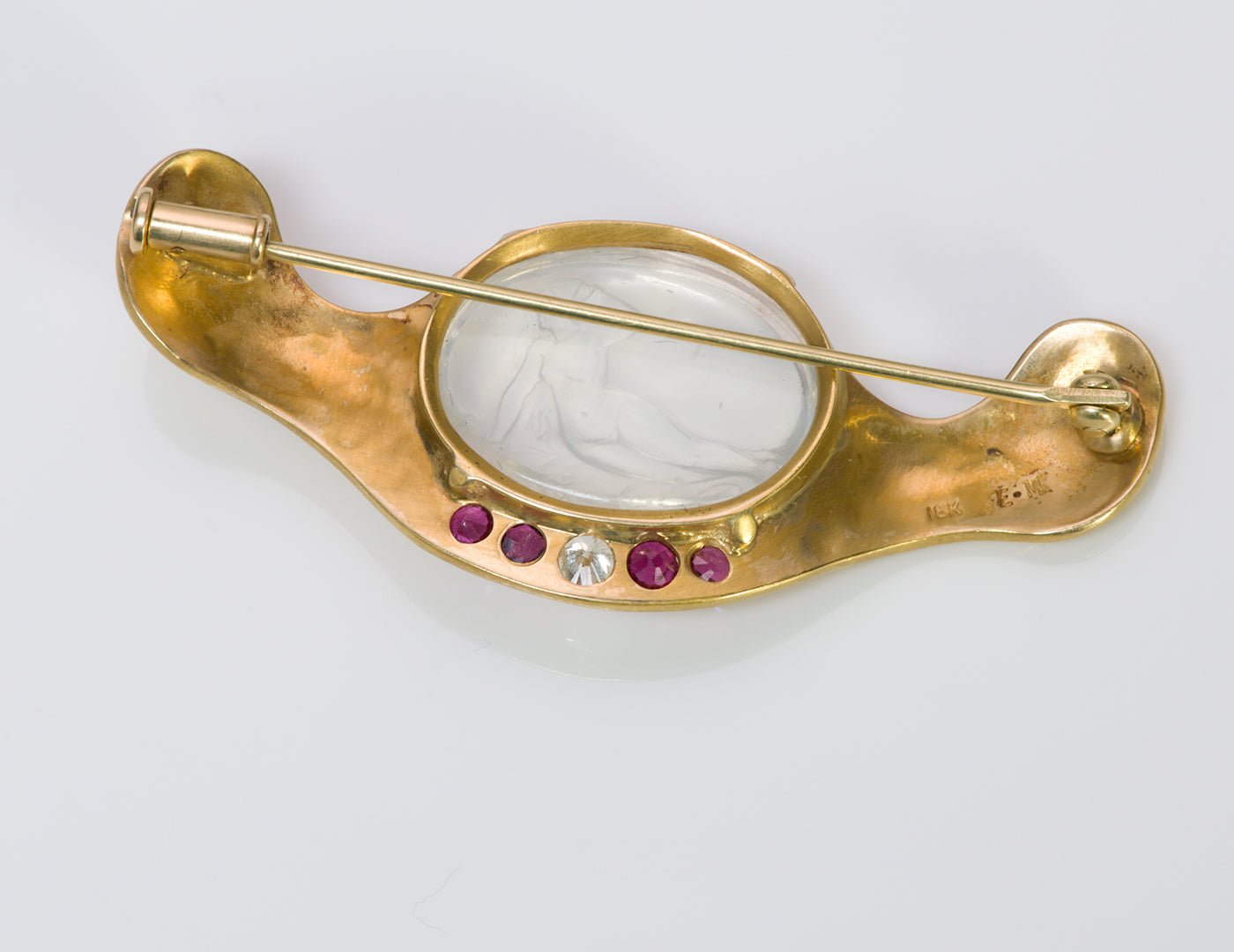 Emil Meister Moonstone Ruby Diamond 18K Gold Brooch