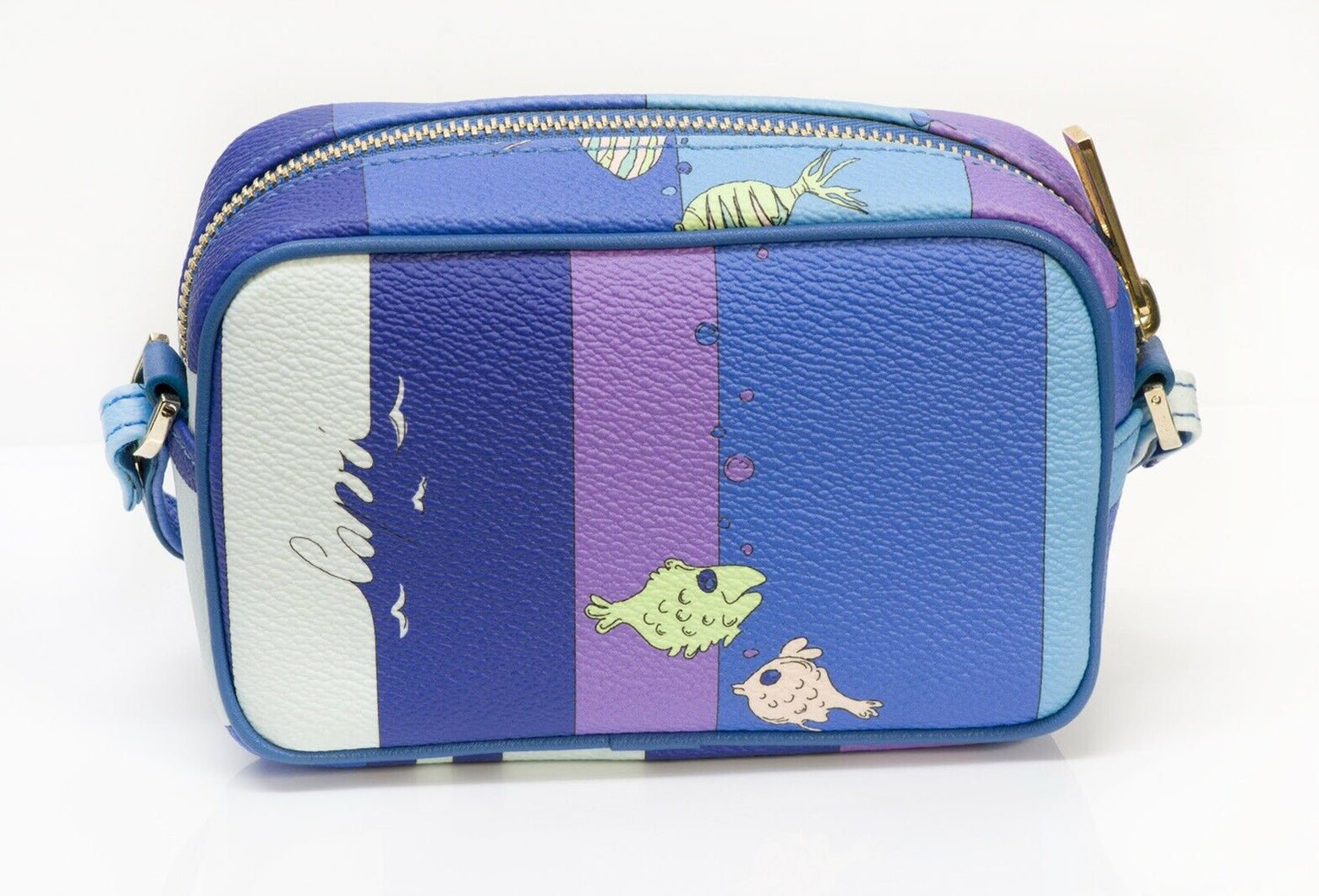 Emilio Pucci “Capri” Blue Purple Leather Fish Pattern Mini Crossbody Bag
