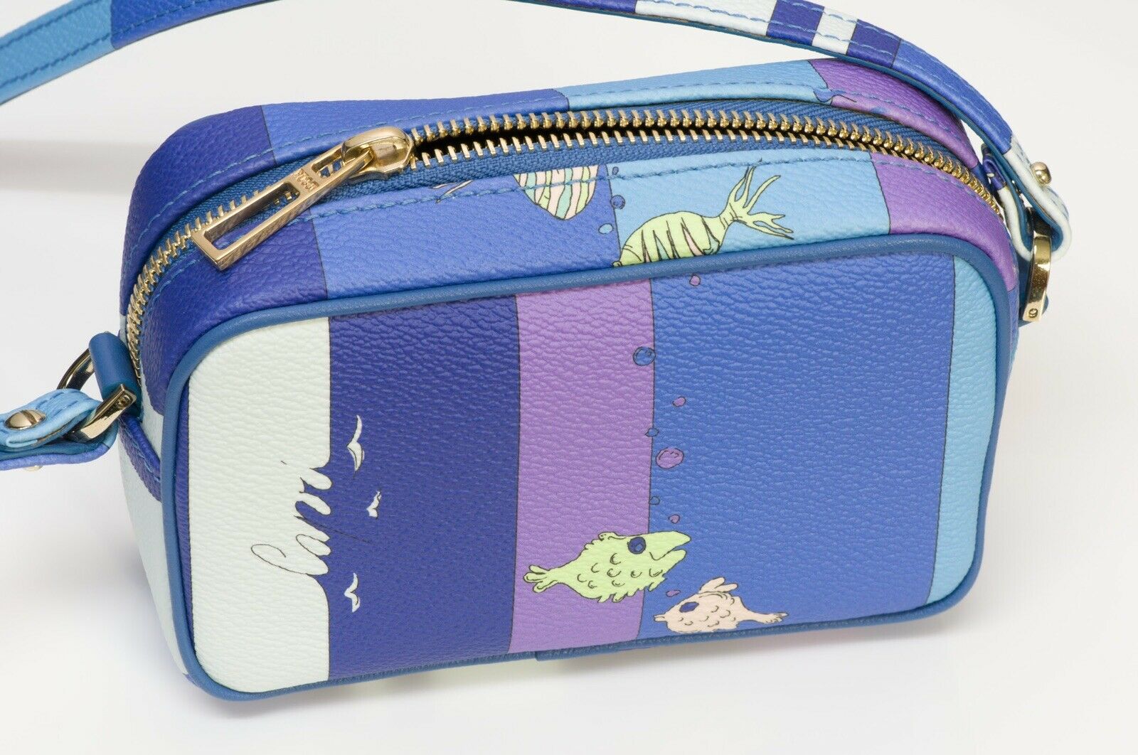 Emilio Pucci “Capri” Blue Purple Leather Fish Pattern Mini Crossbody Bag