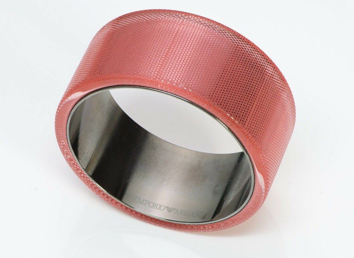 Emporio Armani Wide Pink Lucite Metal Textured Bangle Bracelet