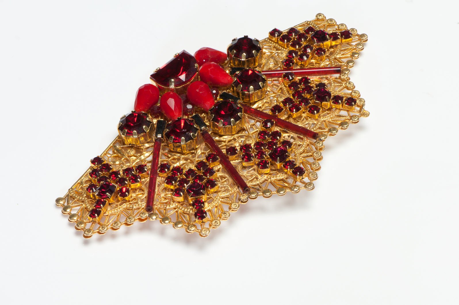 Erickson Beamon Red Crystal Filigree Metal Fan Brooch