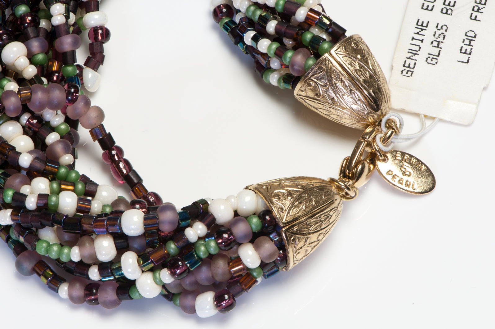 Erwin Pearl Purple Green Glass Beads Faux Pearl Necklace