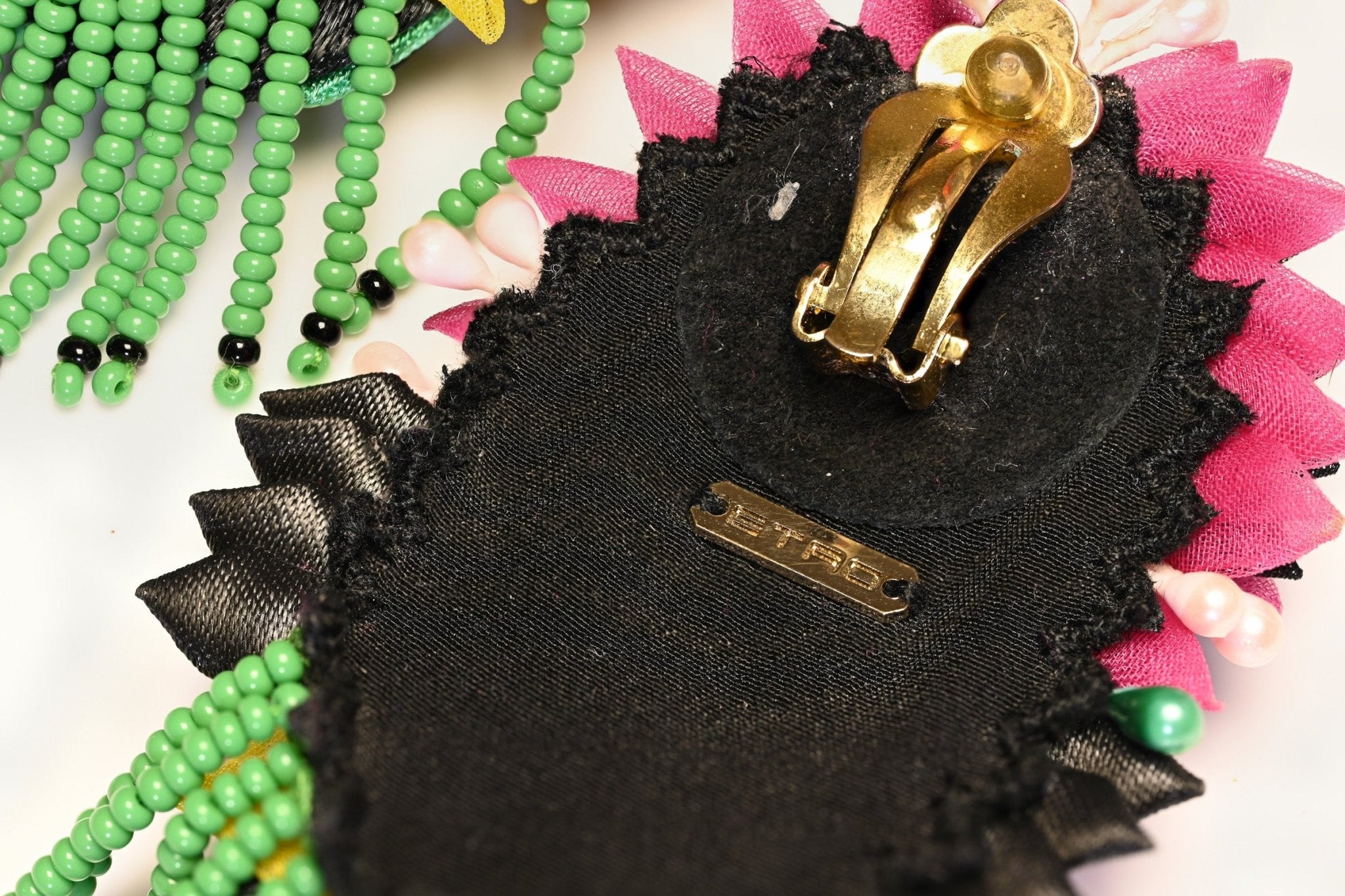 Etro Long Pink Black Yellow Silk Green Glass Beads Tassel Flower Earrings