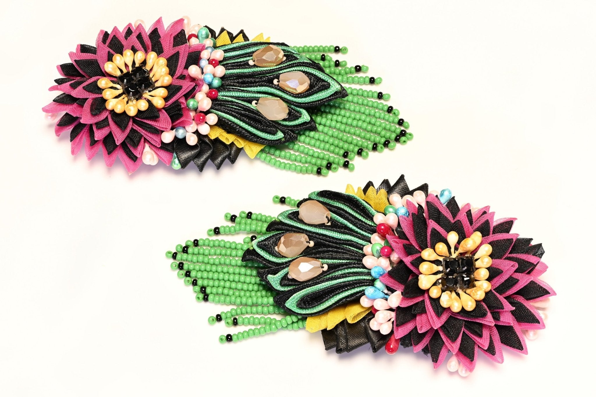 Etro Long Pink Black Yellow Silk Green Glass Beads Tassel Flower Earrings
