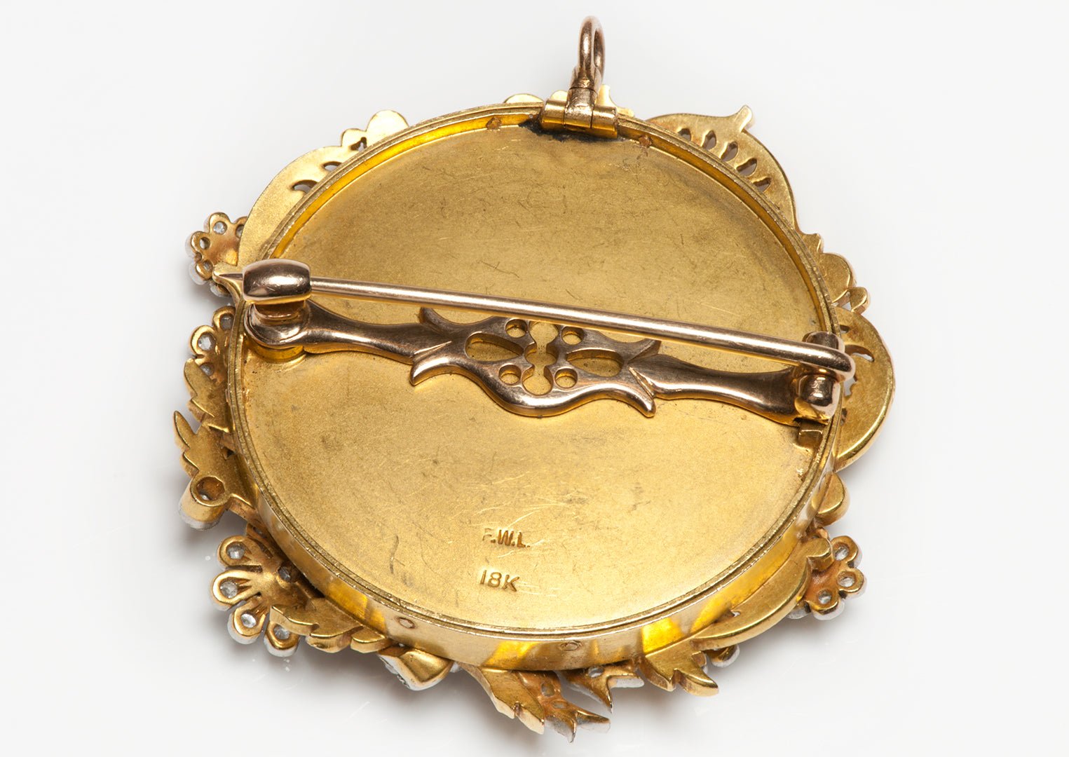 F. Walter Lawrence 18K Gold Diamond Portrait Pendant Brooch