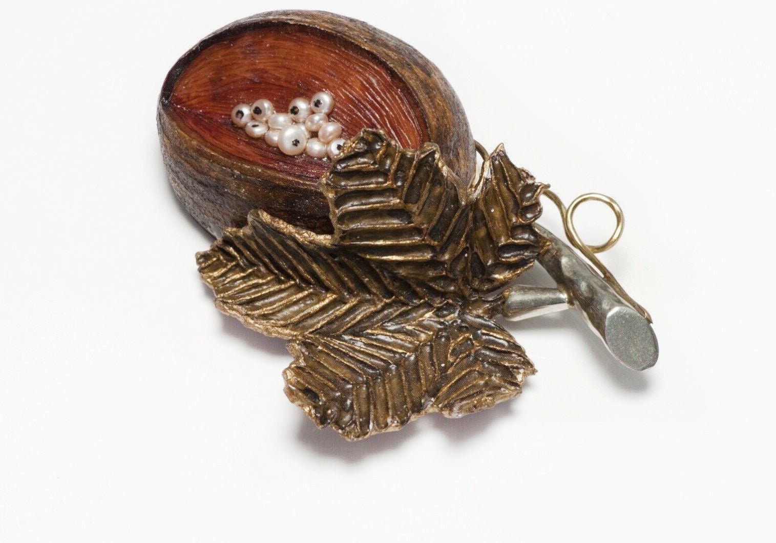 FABRICE Paris Brown Lucite Faux Pearl Fruit Leaf Brooch