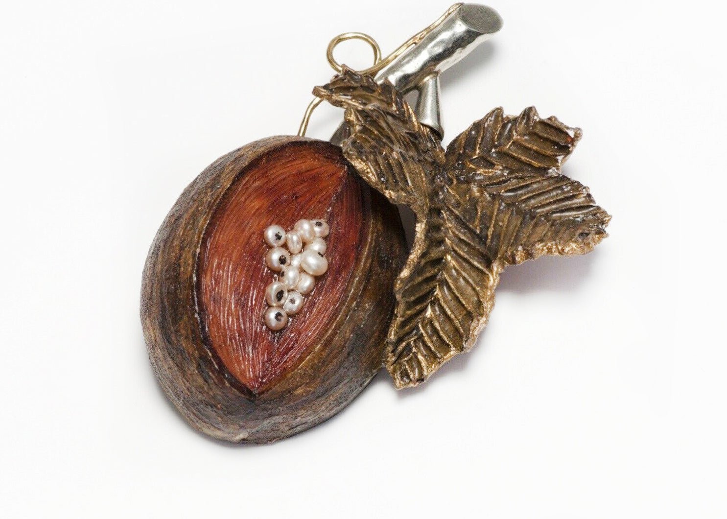 FABRICE Paris Brown Lucite Faux Pearl Fruit Leaf Brooch