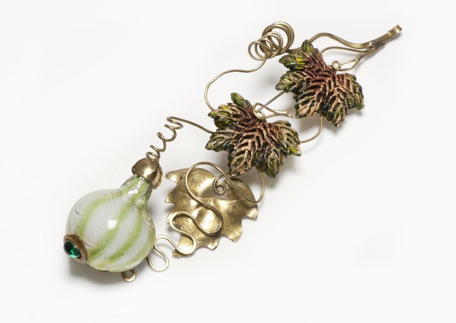 FABRICE Paris Green Blown Glass Fruit Leaf Brooch