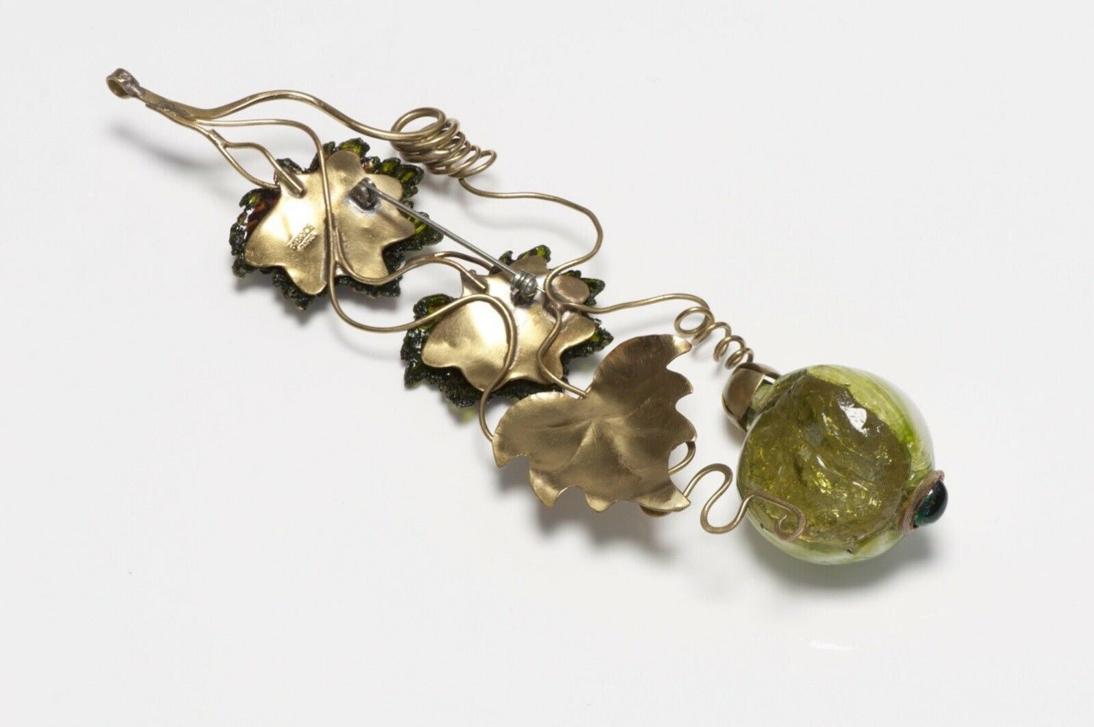 FABRICE Paris Green Blown Glass Fruit Leaf Brooch