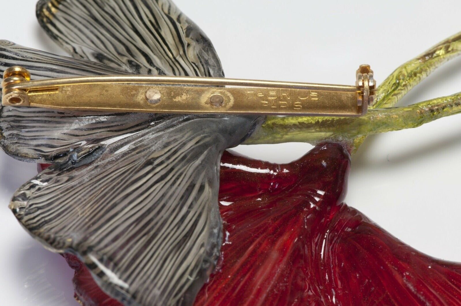 FABRICE Paris Red Green Lucite Ginkgo Leaf Brooch