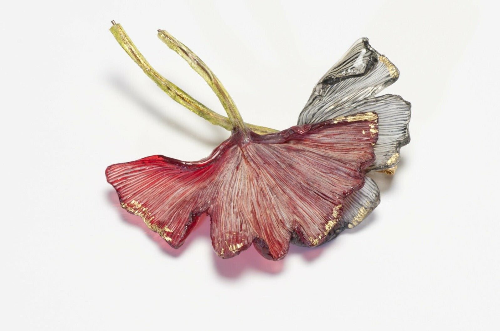 FABRICE Paris Red Green Lucite Ginkgo Leaf Brooch