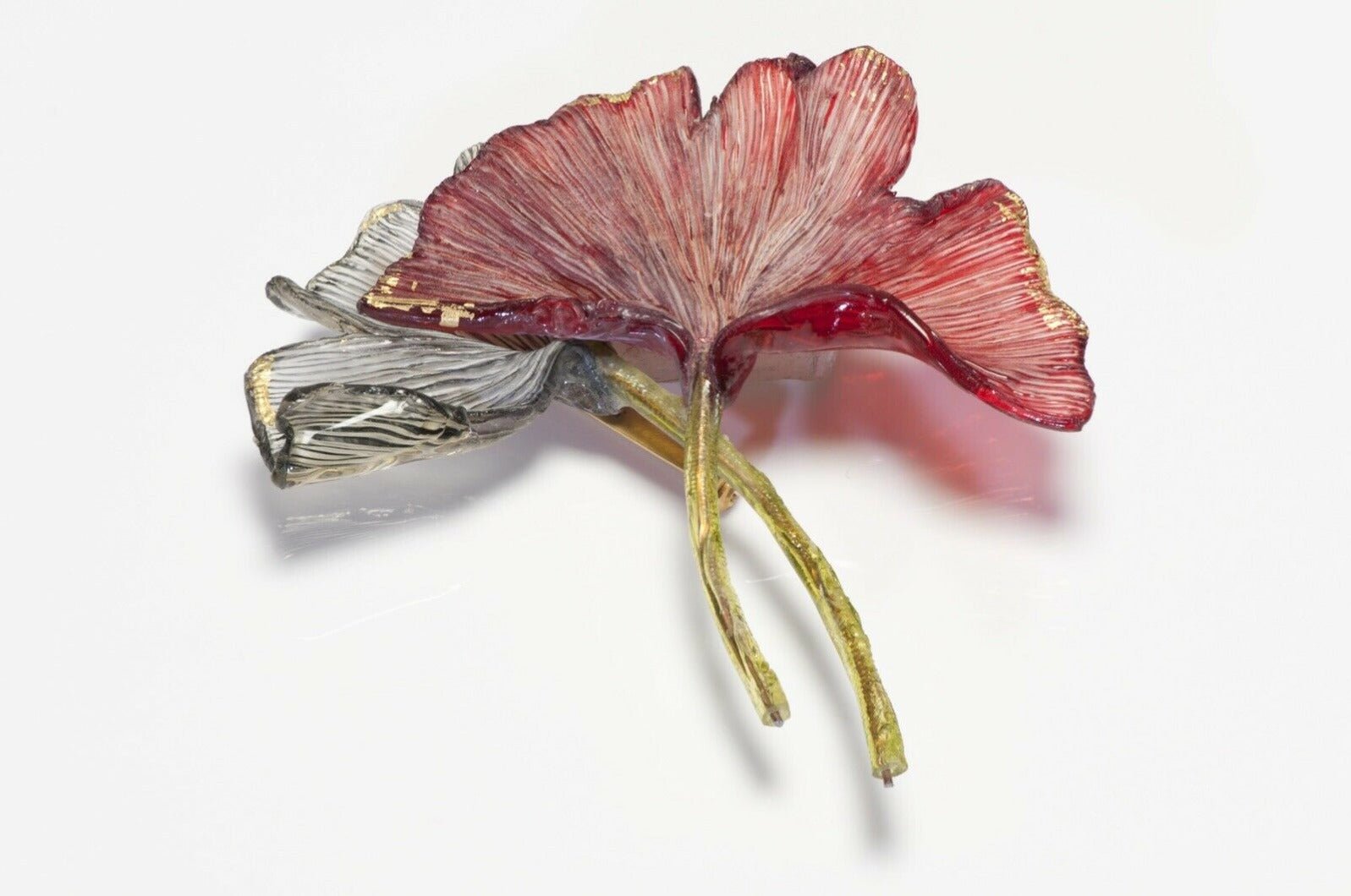 FABRICE Paris Red Green Lucite Ginkgo Leaf Brooch