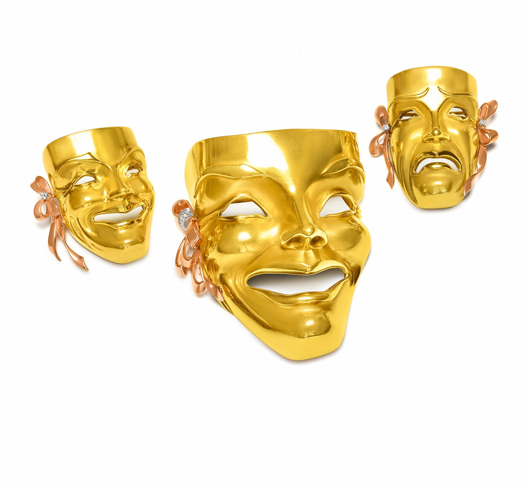 18K Gold Comedy Tragedy Mask Brooches Diamond