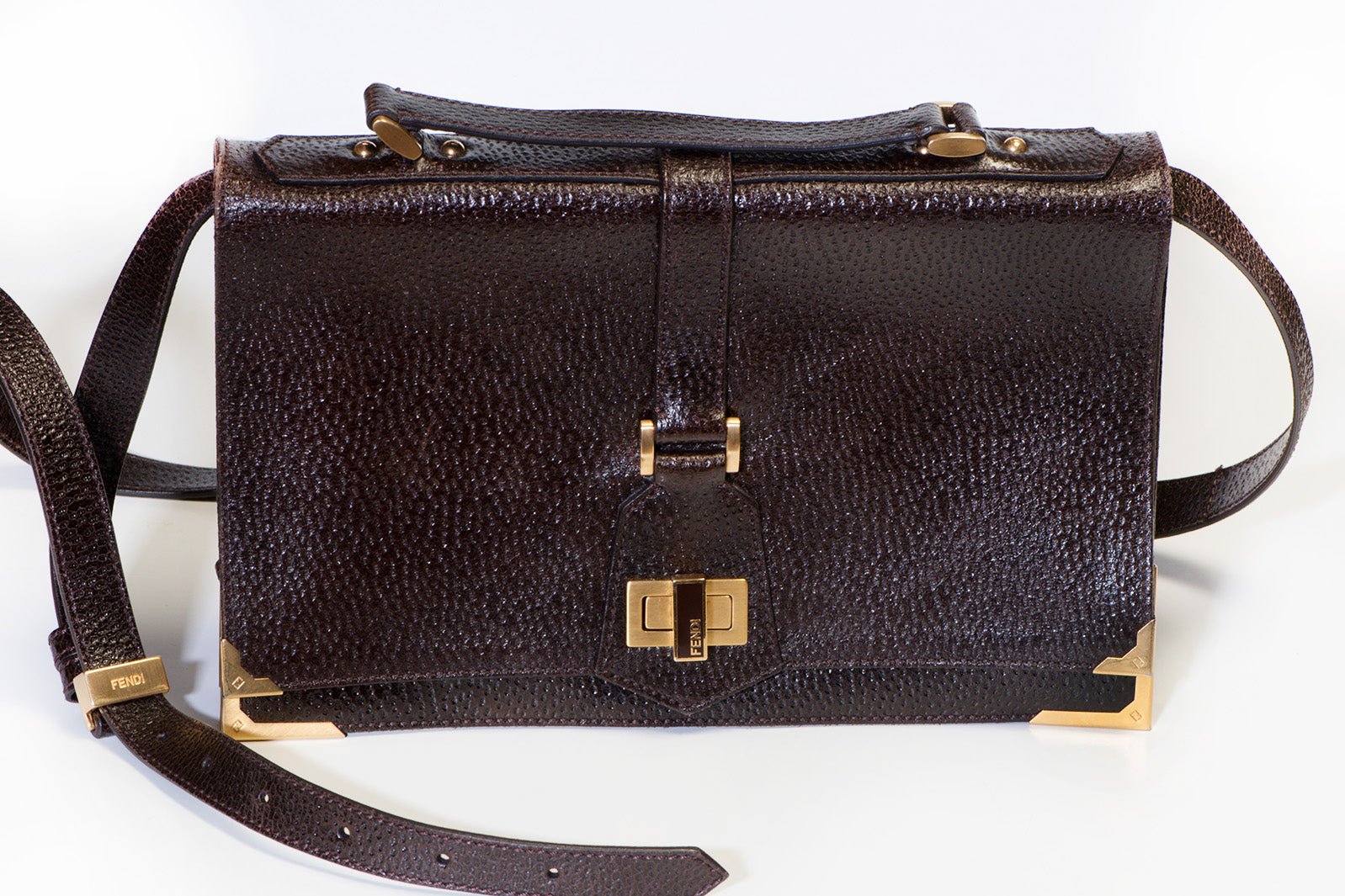Fendi Brown Leather Flap Top Handle Turn-Lock Crossbody Bag