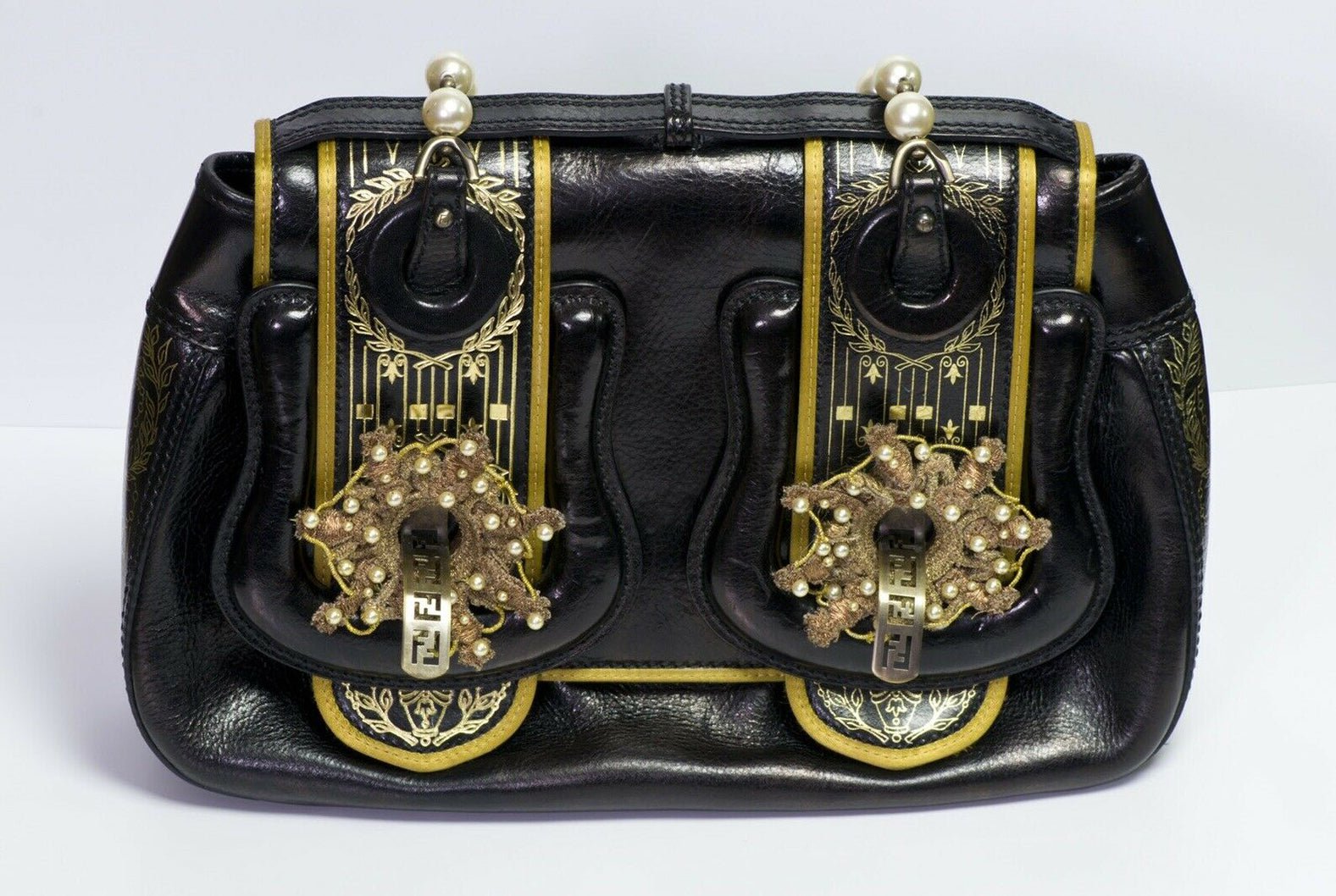 FENDI Fall 2006 Romanesque Style Palazzo Black Gold Leather Pearl Buckle B Bag