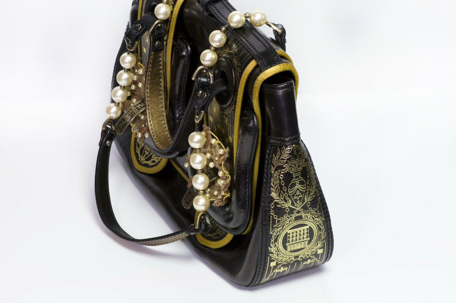 FENDI Fall 2006 Romanesque Style Palazzo Black Gold Leather Pearl Buckle B Bag