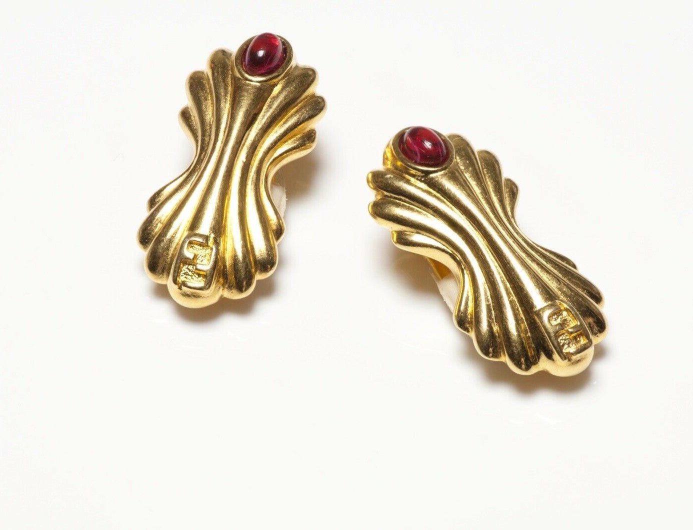 FENDI Gold Plated Red Cabochon Glass Logo Earrings