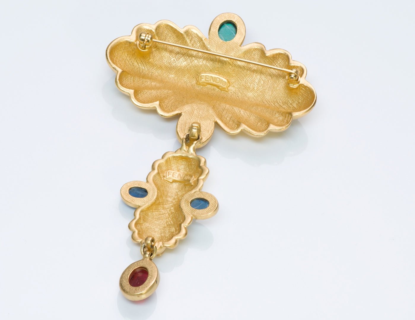 Fendi Green Red Cabochon Glass Logo Brooch