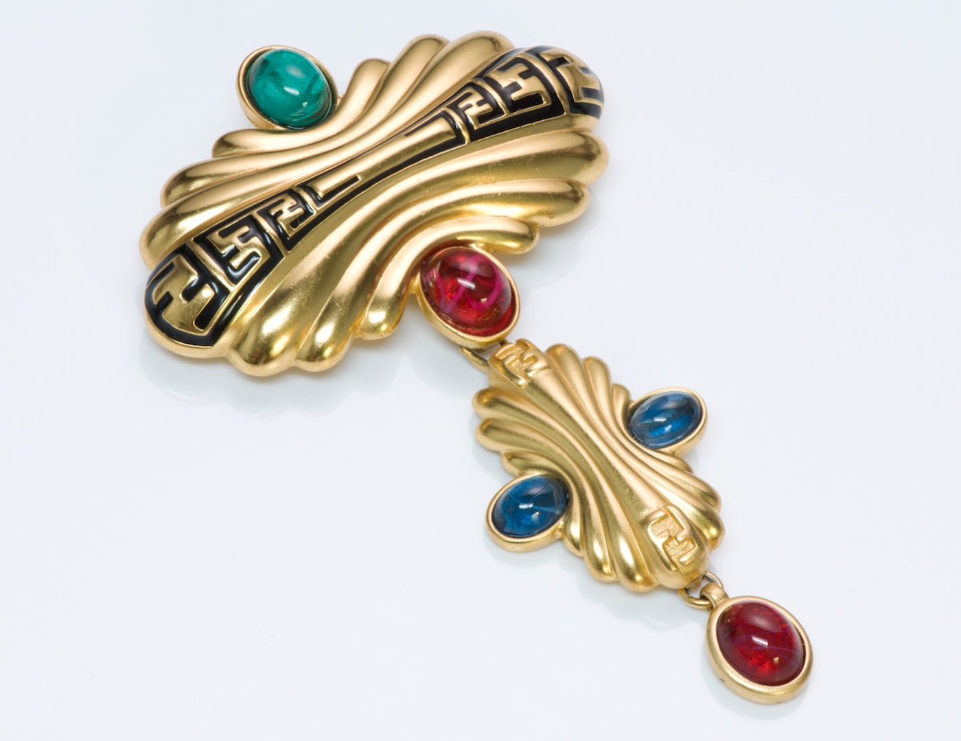 Fendi Green Red Cabochon Glass Logo Brooch