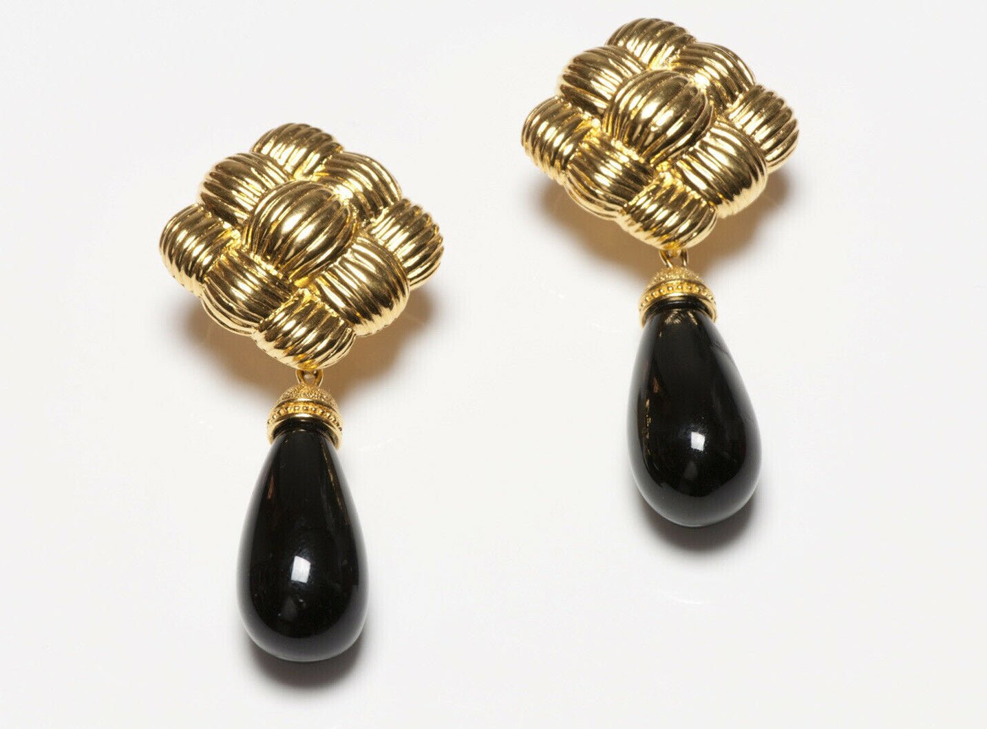 FENDI Long Woven Gold Plated Black Glass Drop Earrings