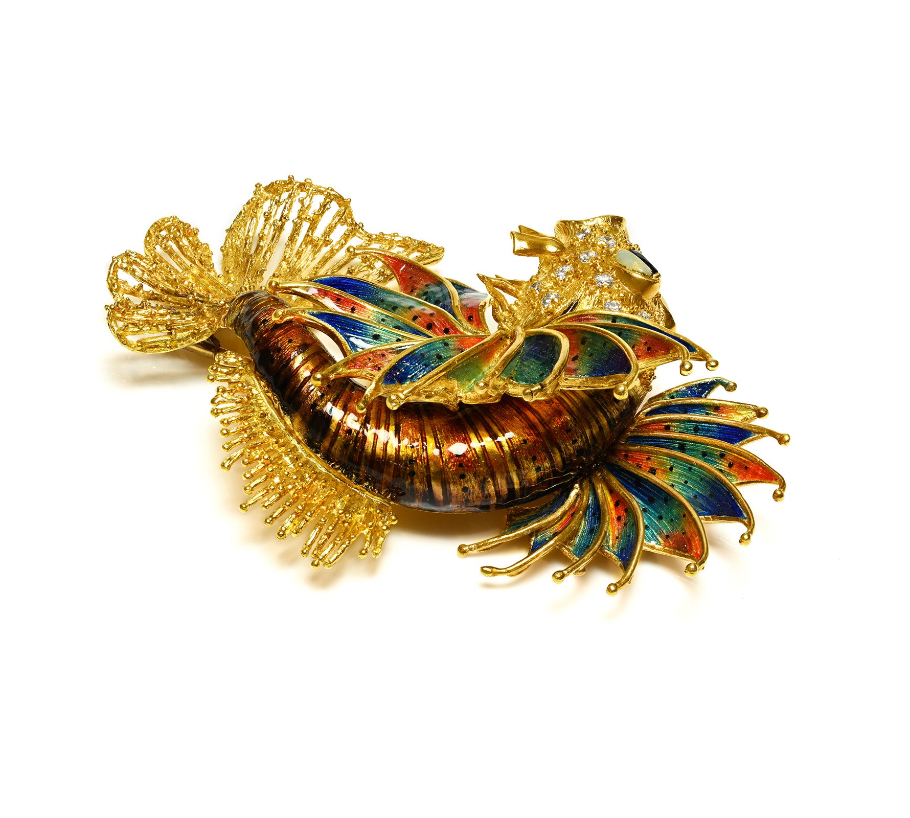 Gold Enamel Fish Brooch with Sapphires and Diamonds