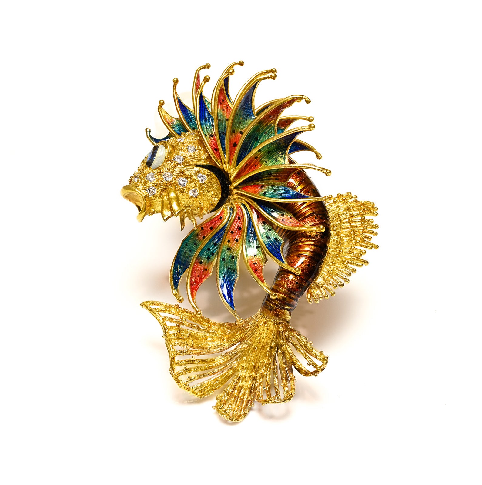 18K Gold Enamel Fly Fish Brooch Sapphires Diamonds