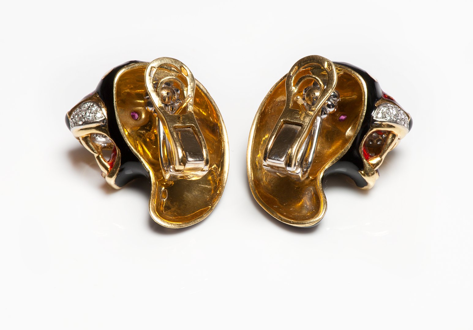 Frascarolo 18K Gold Enamel Diamond Emerald Jaguar Earrings - DSF Antique Jewelry