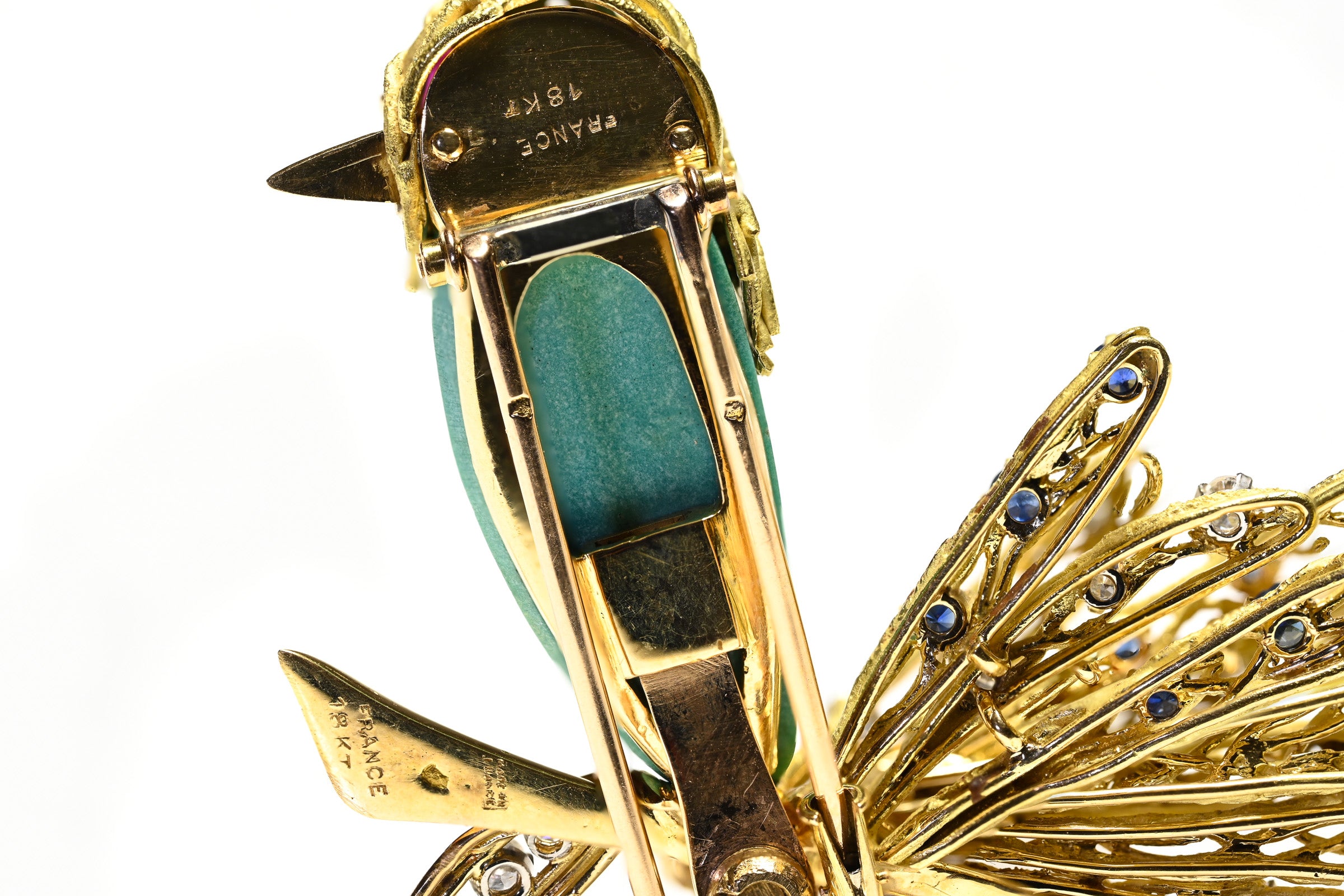 Vintage French 18K Gold Bird Brooch Blue Agate, Diamonds, Sapphires Ruby