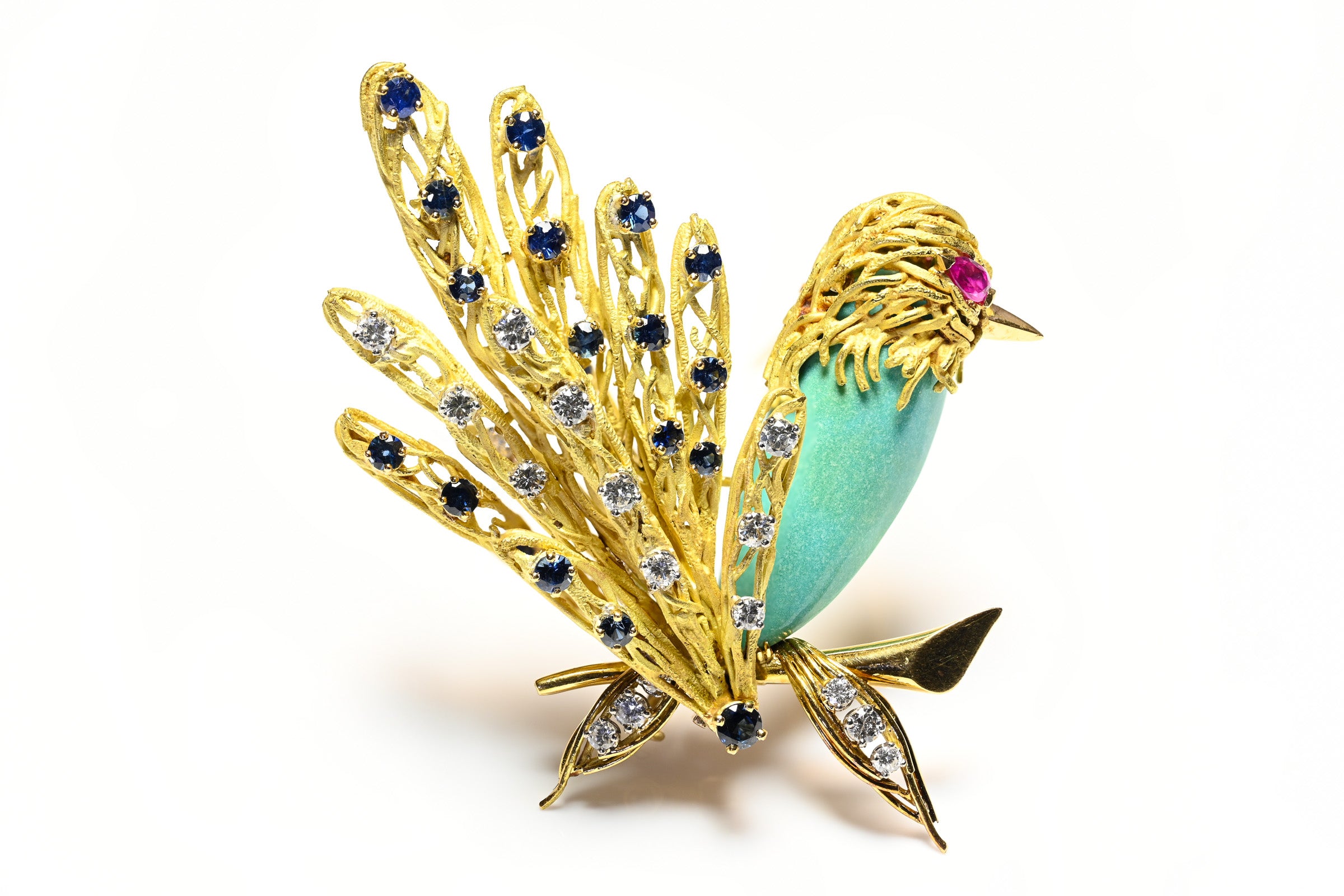 French 18K Gold Bird Brooch Agate Diamonds Sapphires Ruby Mechanical