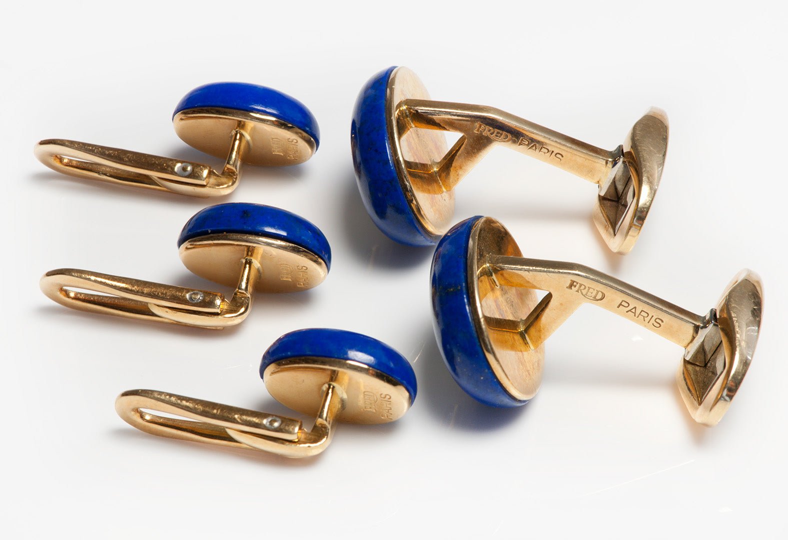 Fred Paris 18K Gold Lapis Mother of Pearl Diamond Cufflink Stud Set