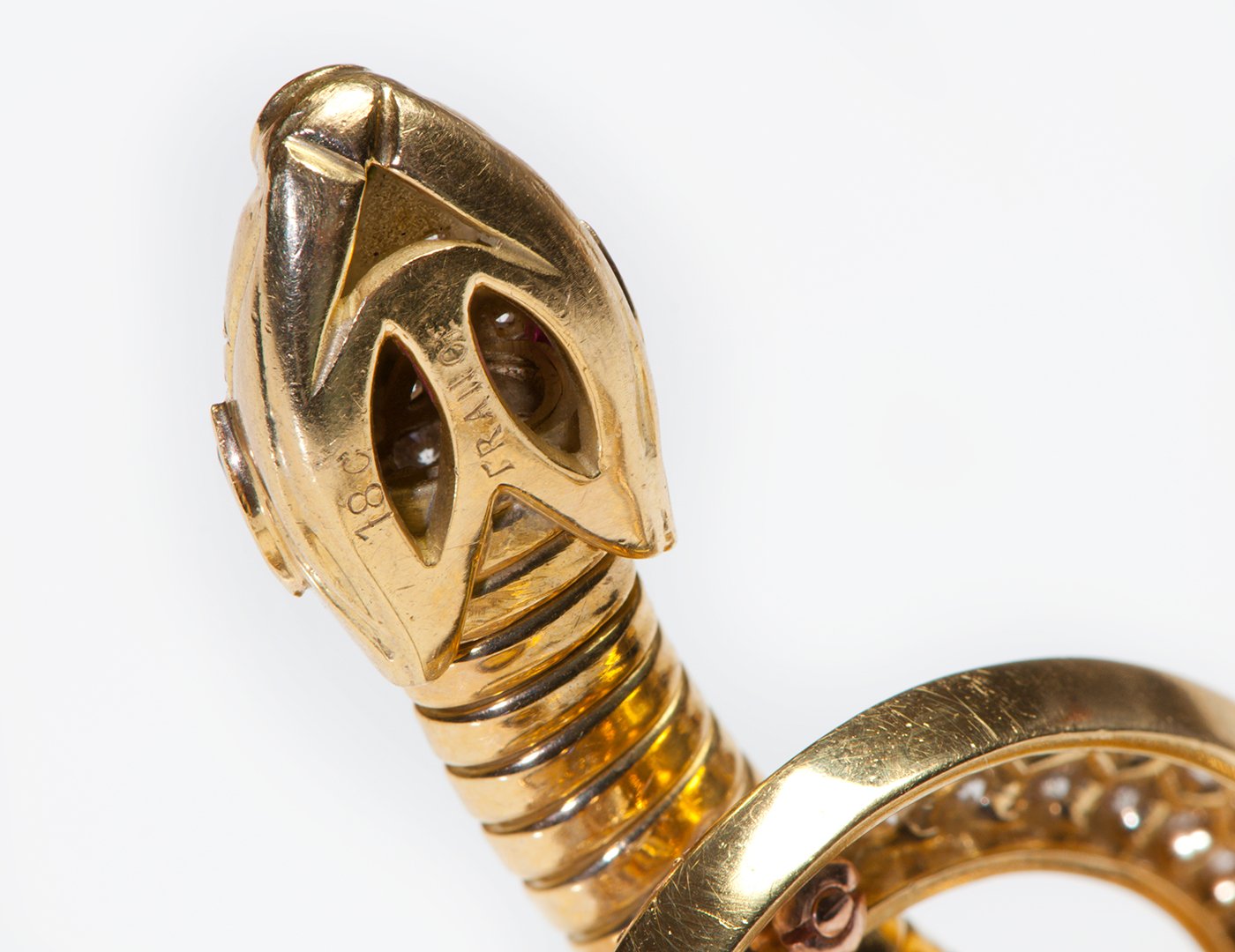 French 18K Gold Diamond Ruby Emerald Snake Bracelet