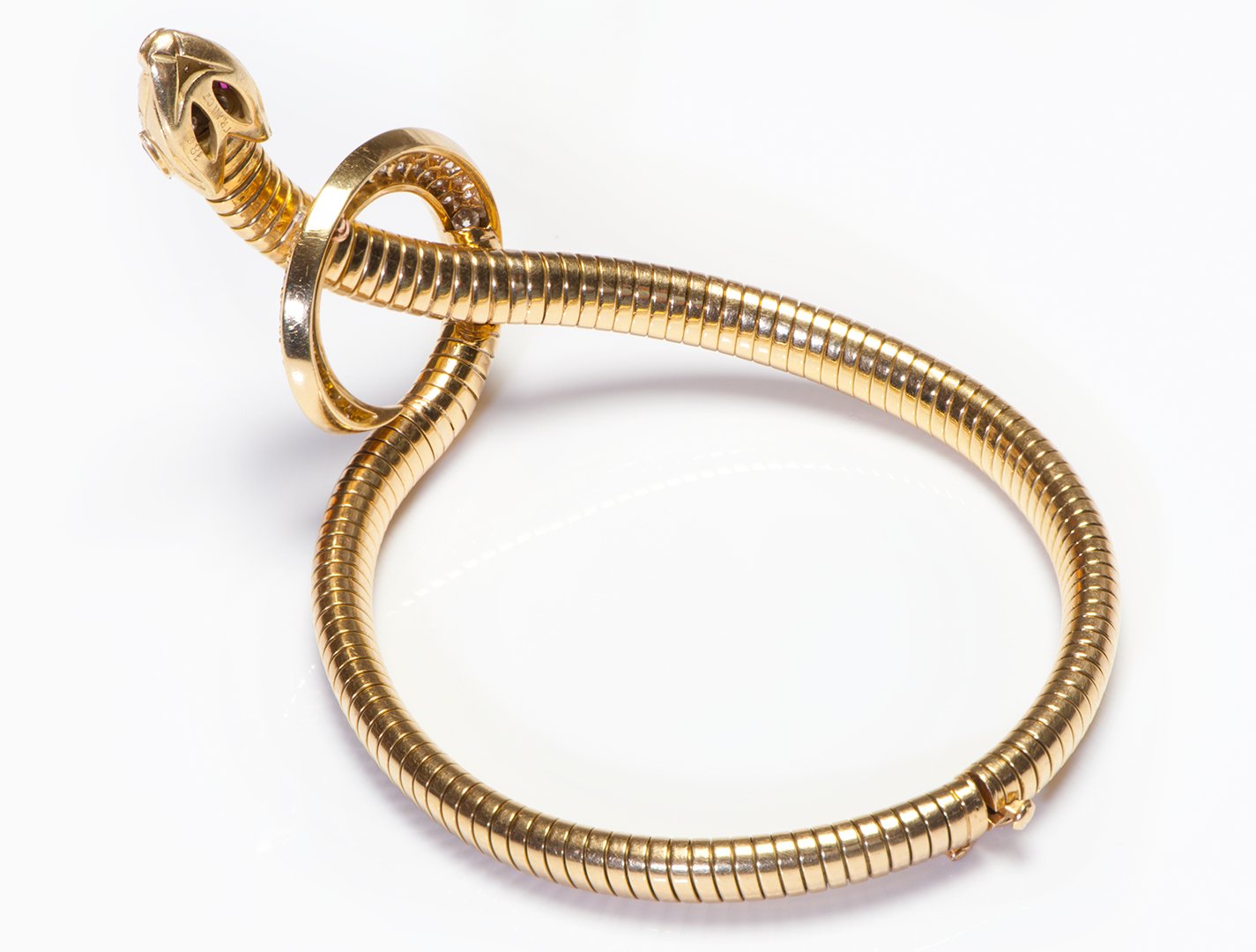 French 18K Gold Diamond Ruby Emerald Snake Bracelet
