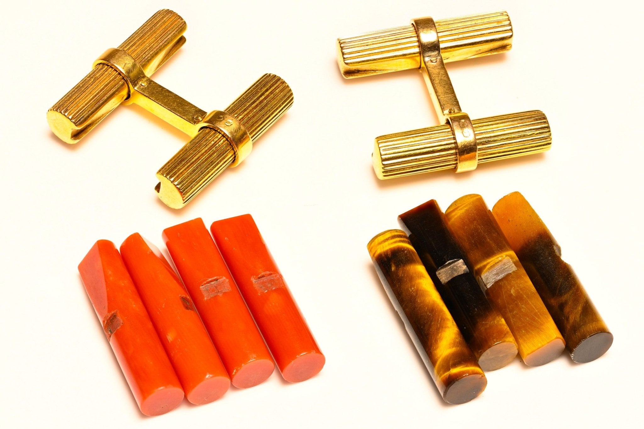 French 18K Gold Interchangeable Coral Tiger Eye Baton Cufflinks