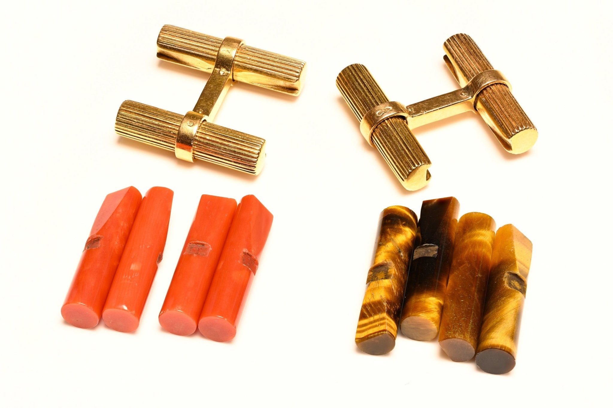 French 18K Gold Interchangeable Coral Tiger Eye Baton Cufflinks