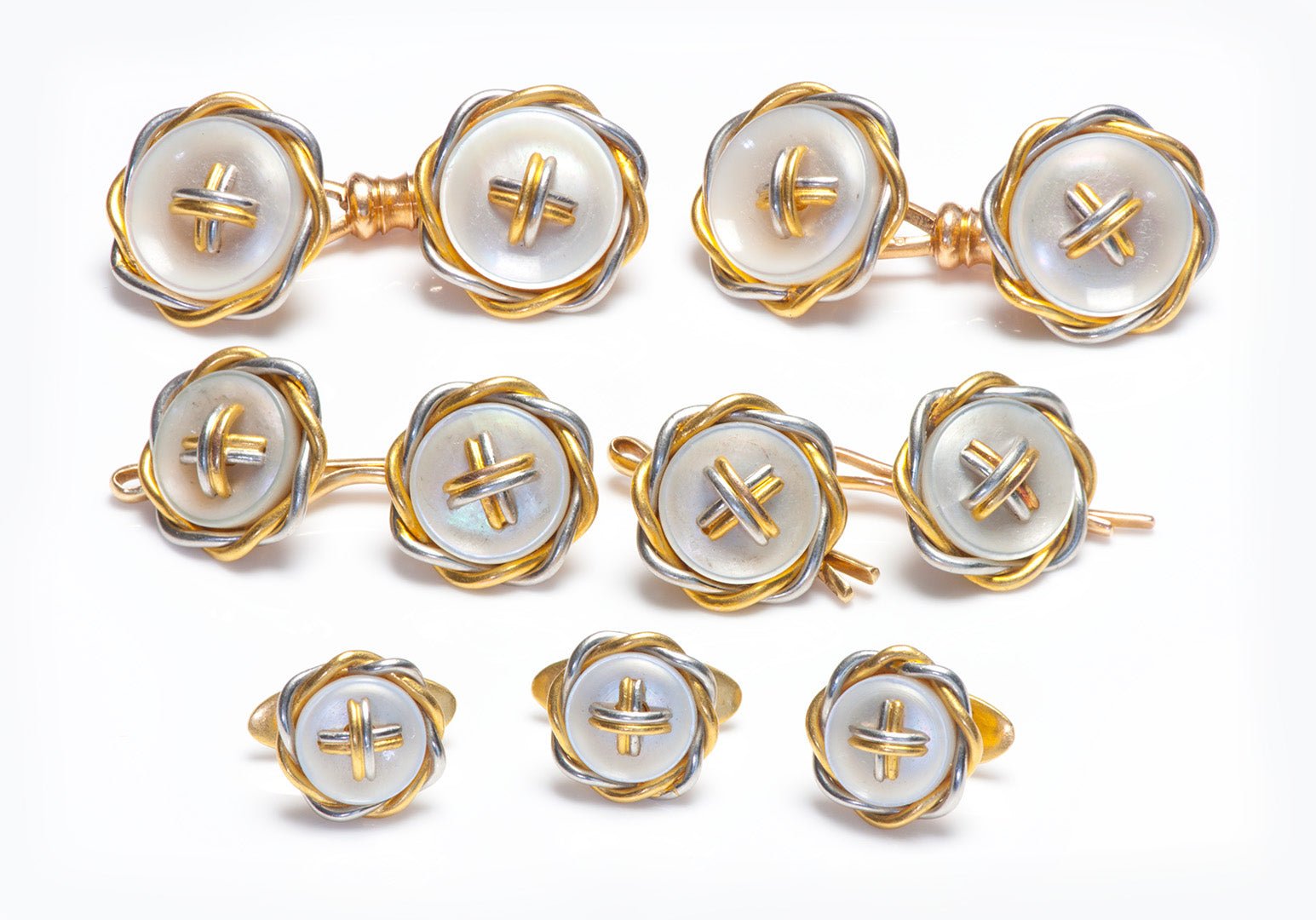 French 18K Gold Mother of Pearl 9 Piece Cufflink Stud Set