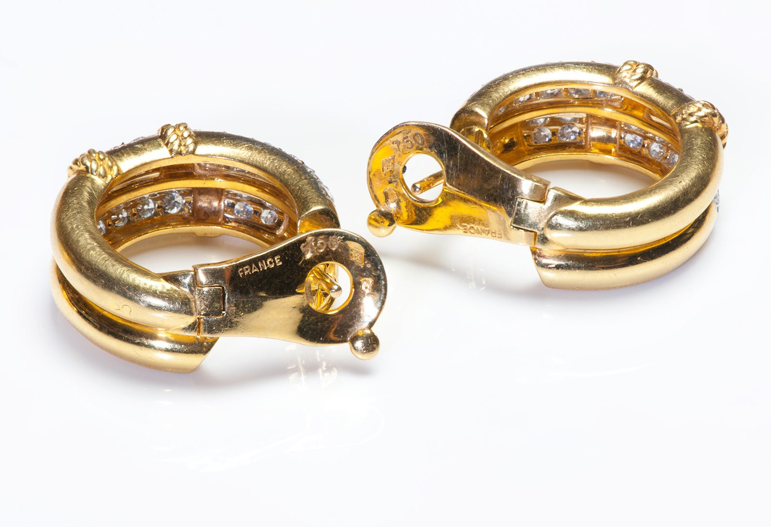 French 18K Yellow Gold Diamond Earrings Ring Set