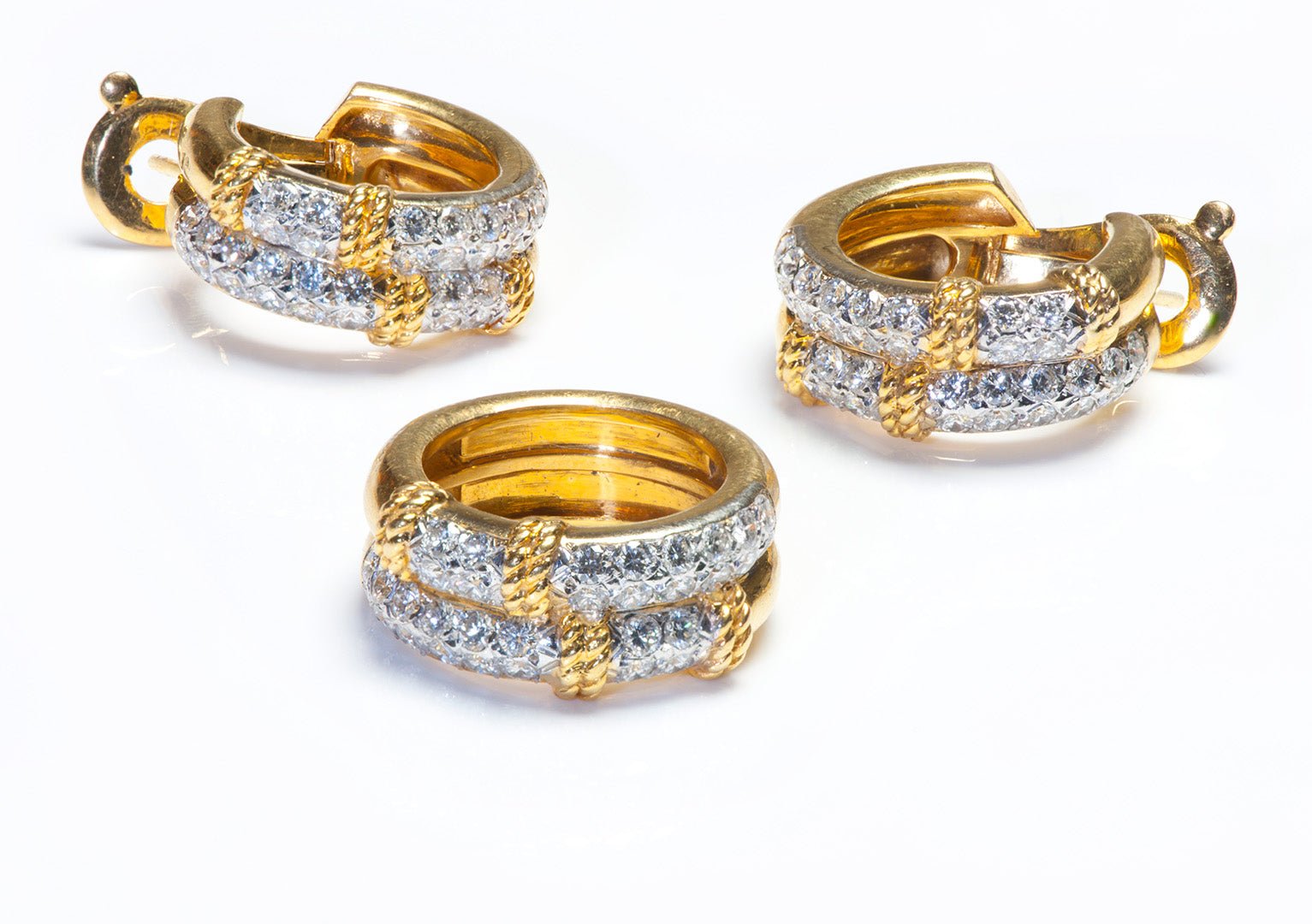French 18K Yellow Gold Diamond Earrings Ring Set