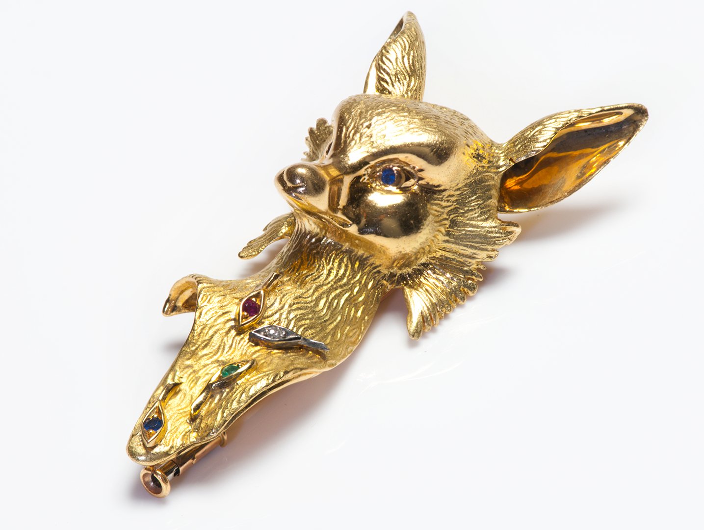 French 18K Yellow Gold Gemstone Fox Brooch