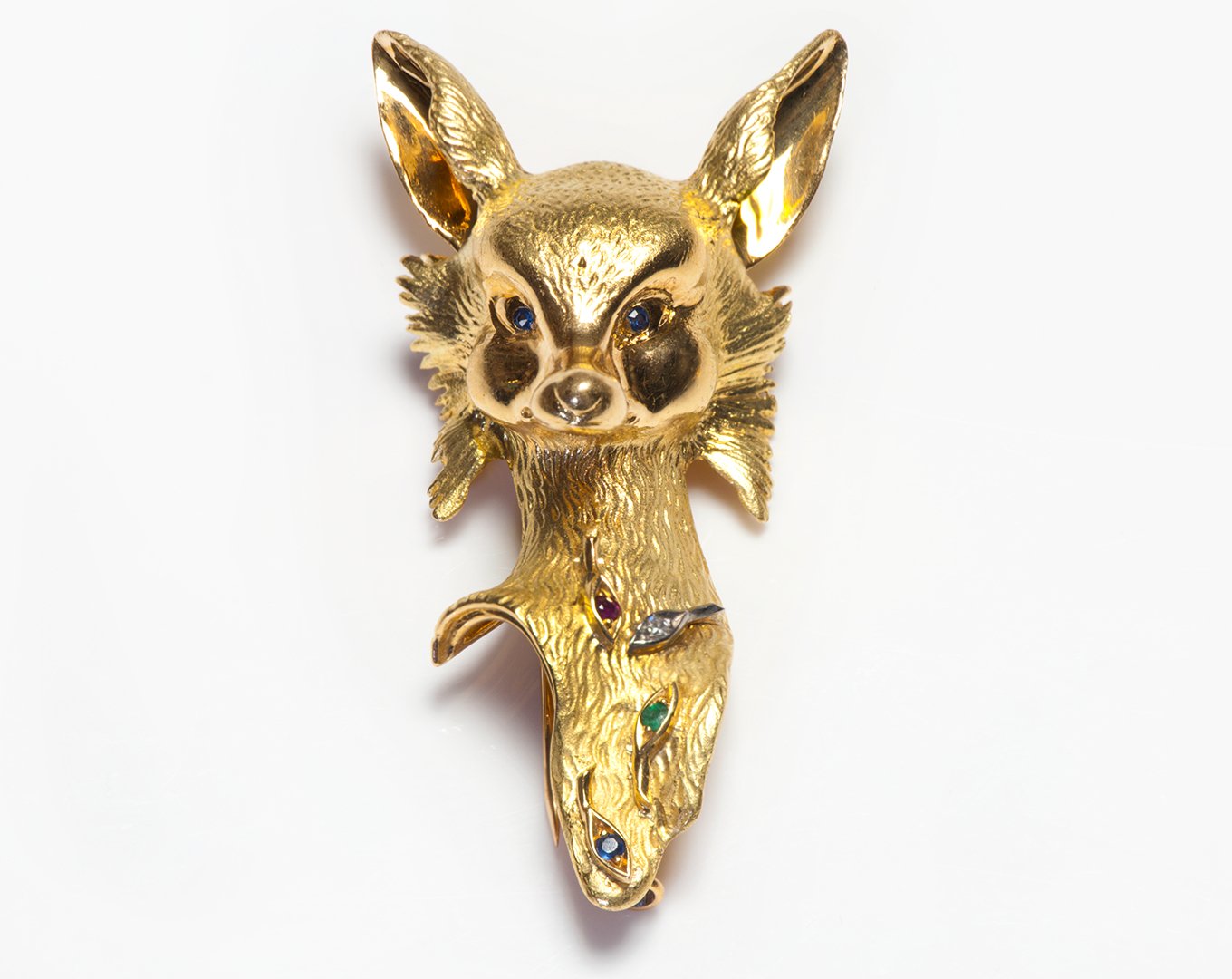 French 18K Yellow Gold Gemstone Fox Brooch