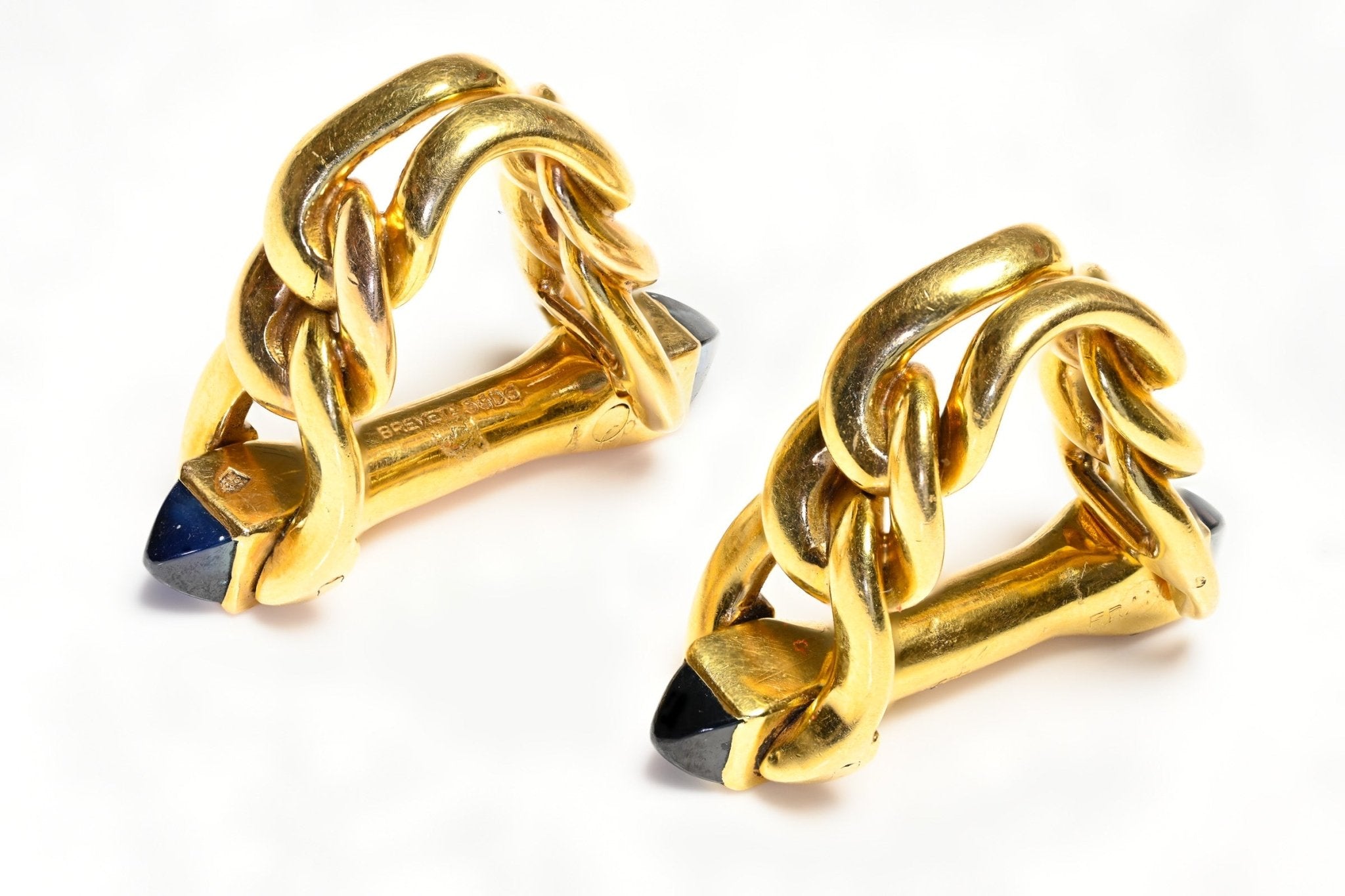 French 18K Yellow Gold Sapphire Stirrup Cufflinks