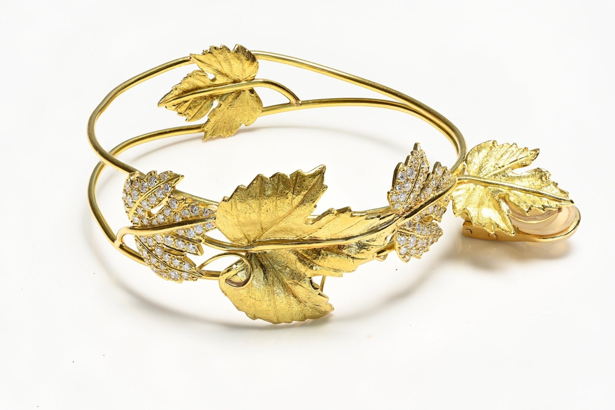 French Diamond 18K Gold Leaf Large Hoop Earrings