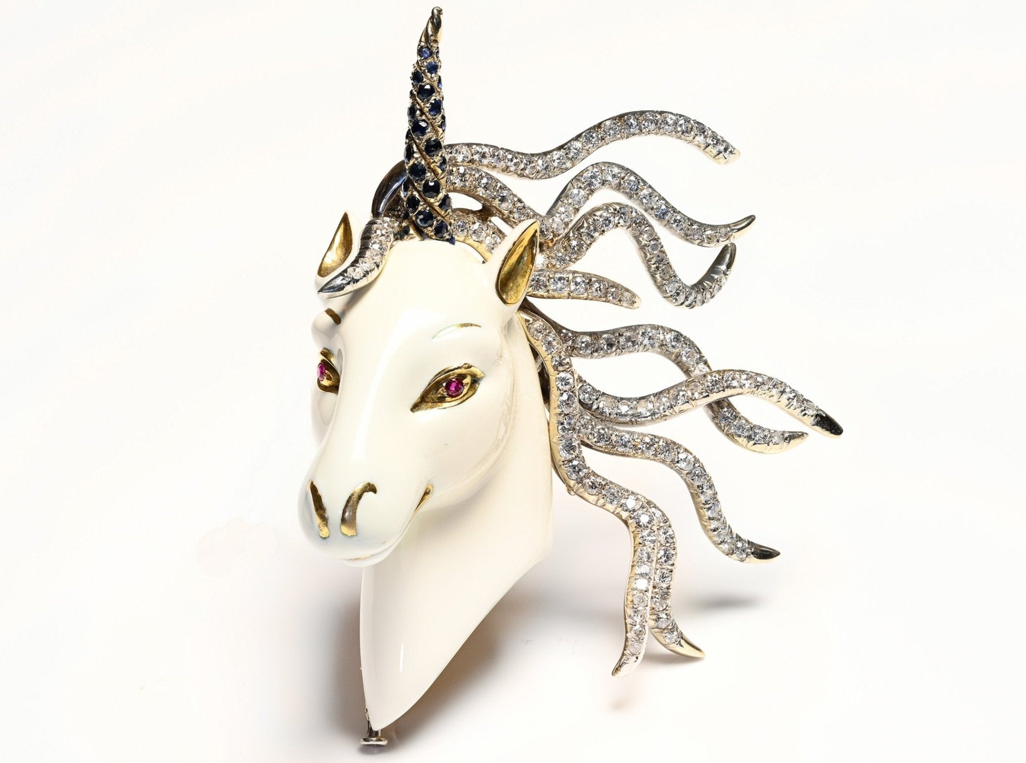 French Diamond Ruby Sapphire Enamel 18K Gold Unicorn Brooch