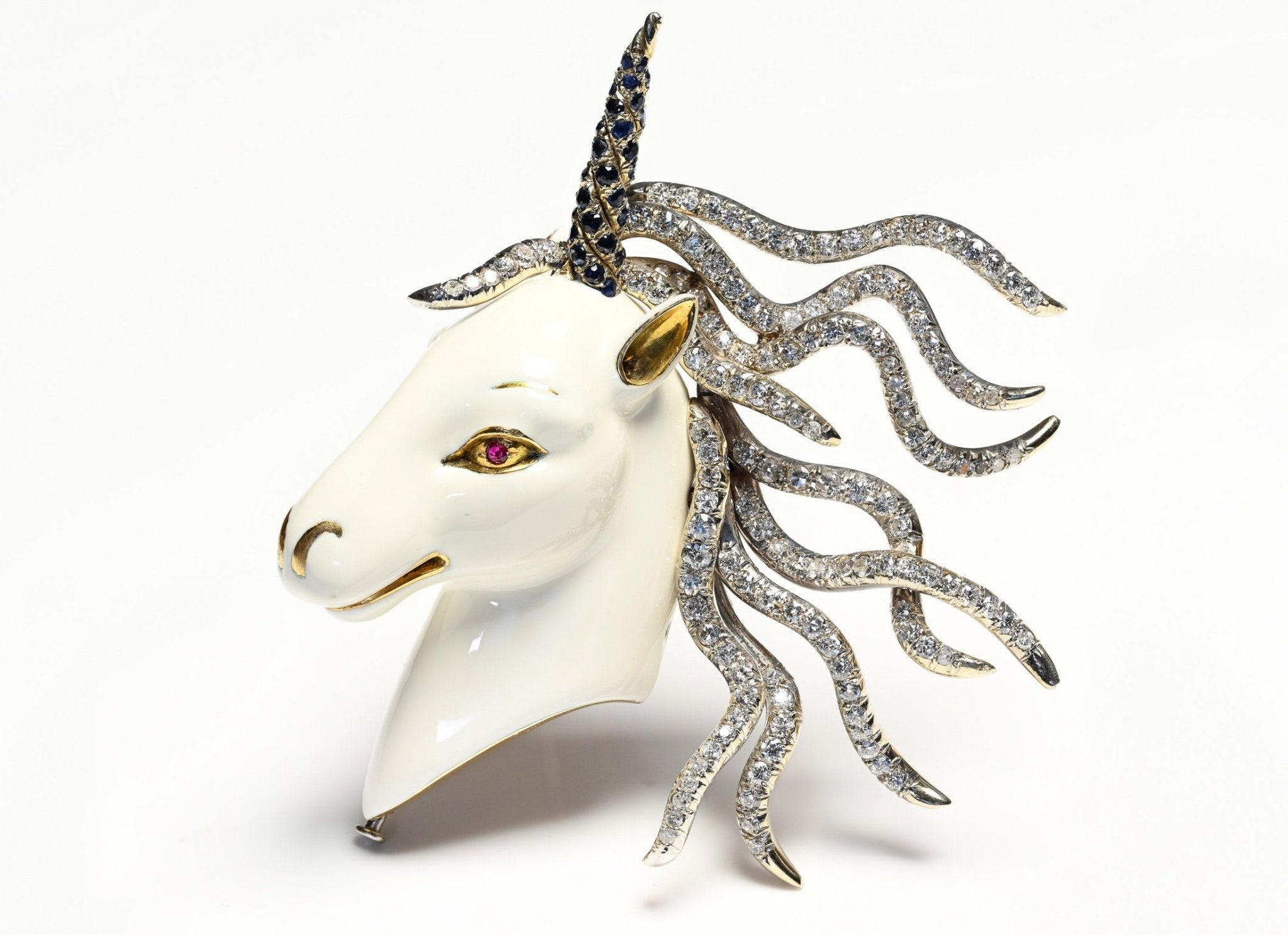 French Diamond Ruby Sapphire Enamel 18K Gold Unicorn Brooch