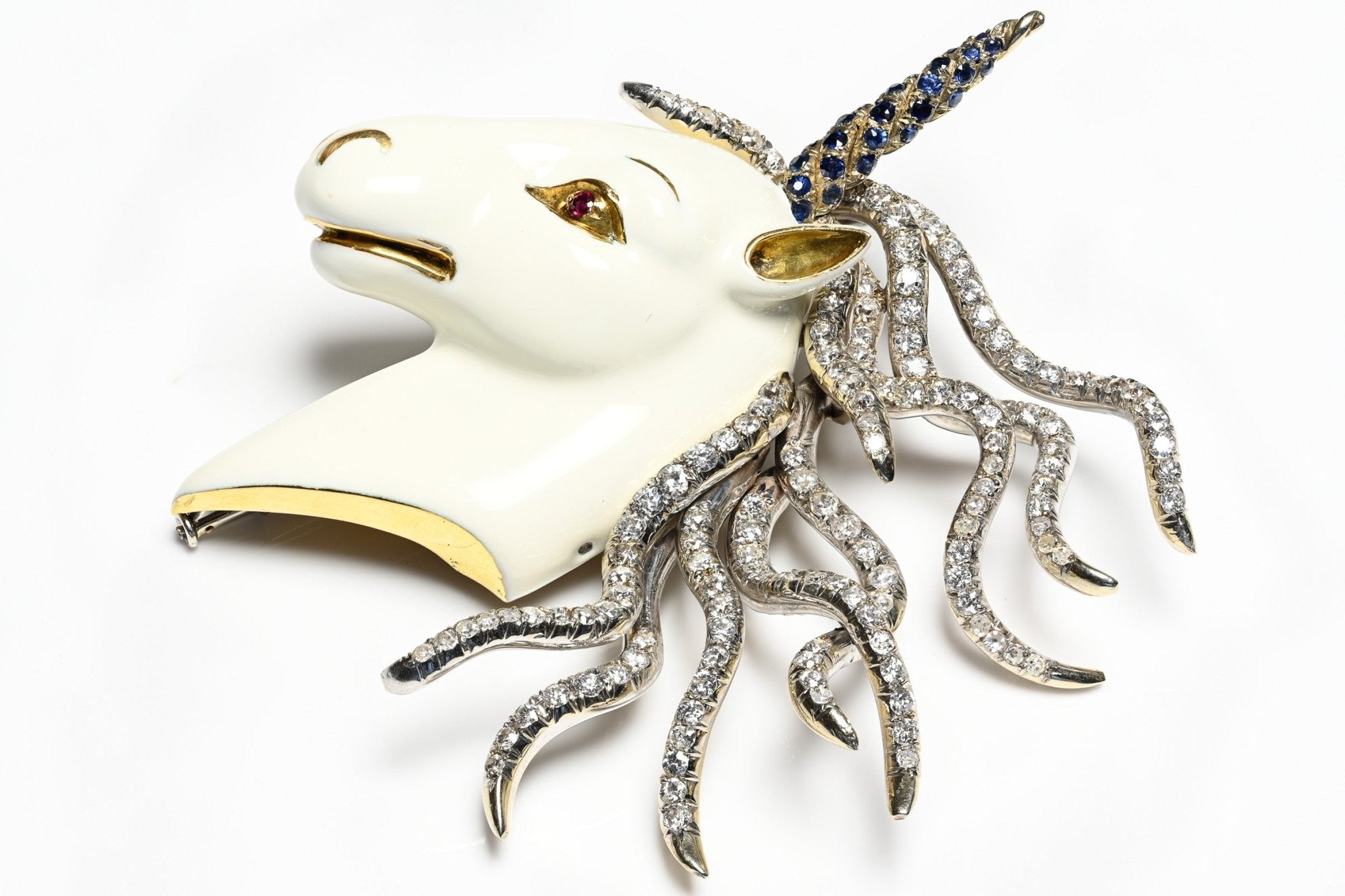 French Diamond Ruby Sapphire Enamel 18K Gold Unicorn Brooch