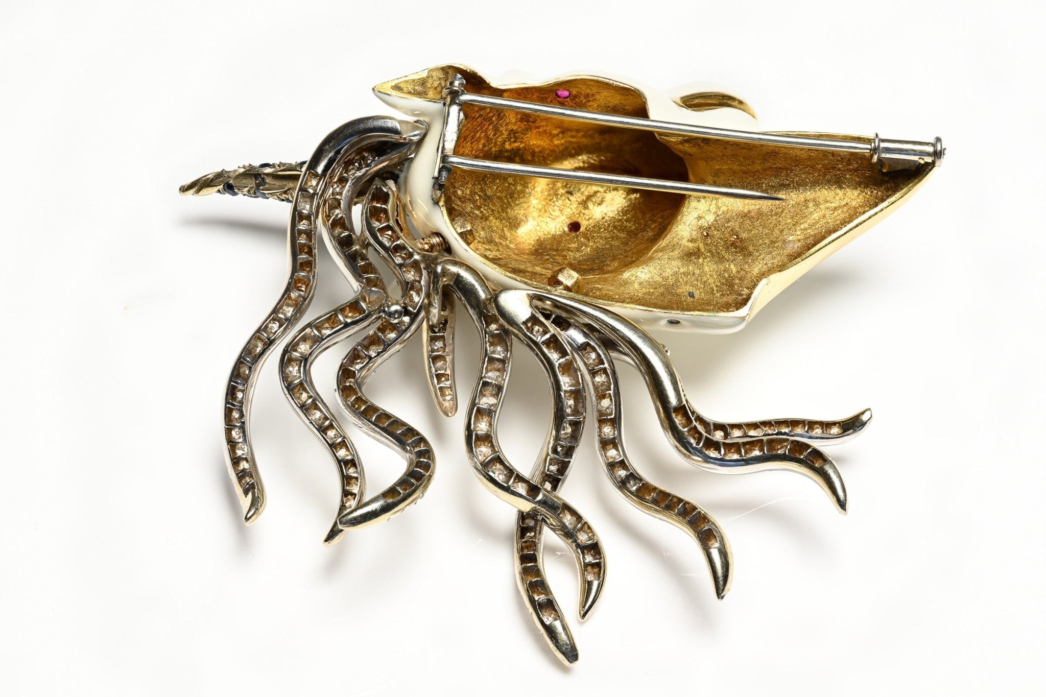 French Diamond Ruby Sapphire Enamel 18K Gold Unicorn Brooch