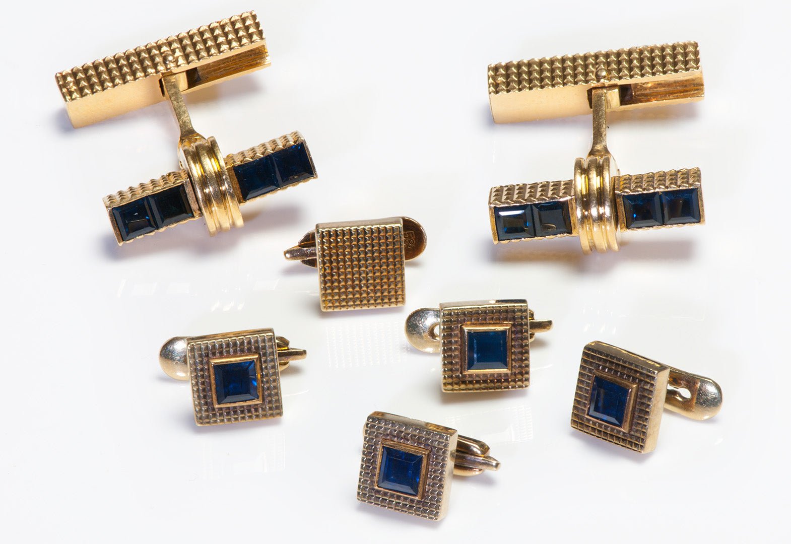 French Sapphire 18K Gold Swivel Cufflink 5 Stud Set