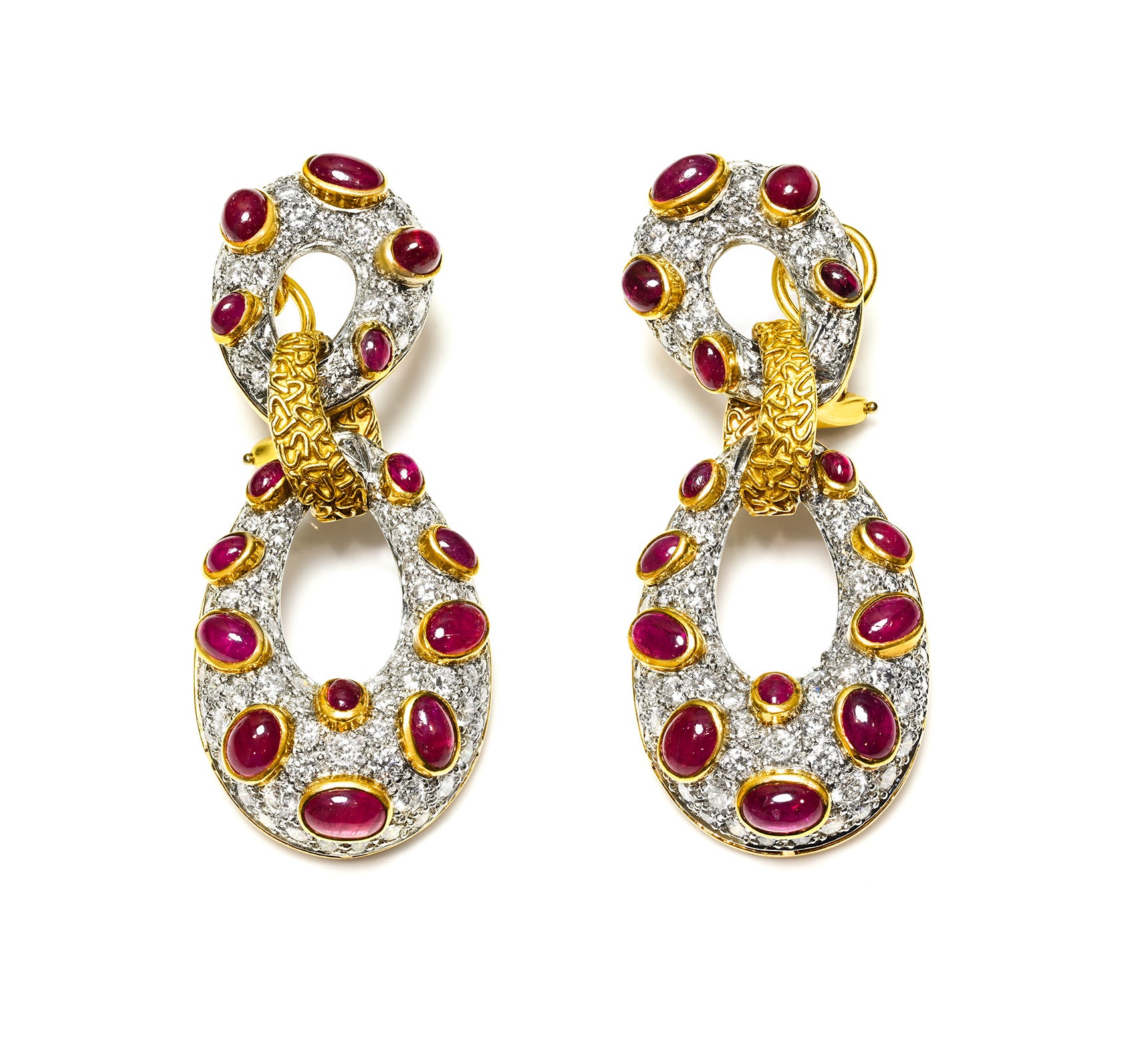 French Diamond Ruby 18K Gold Earrings