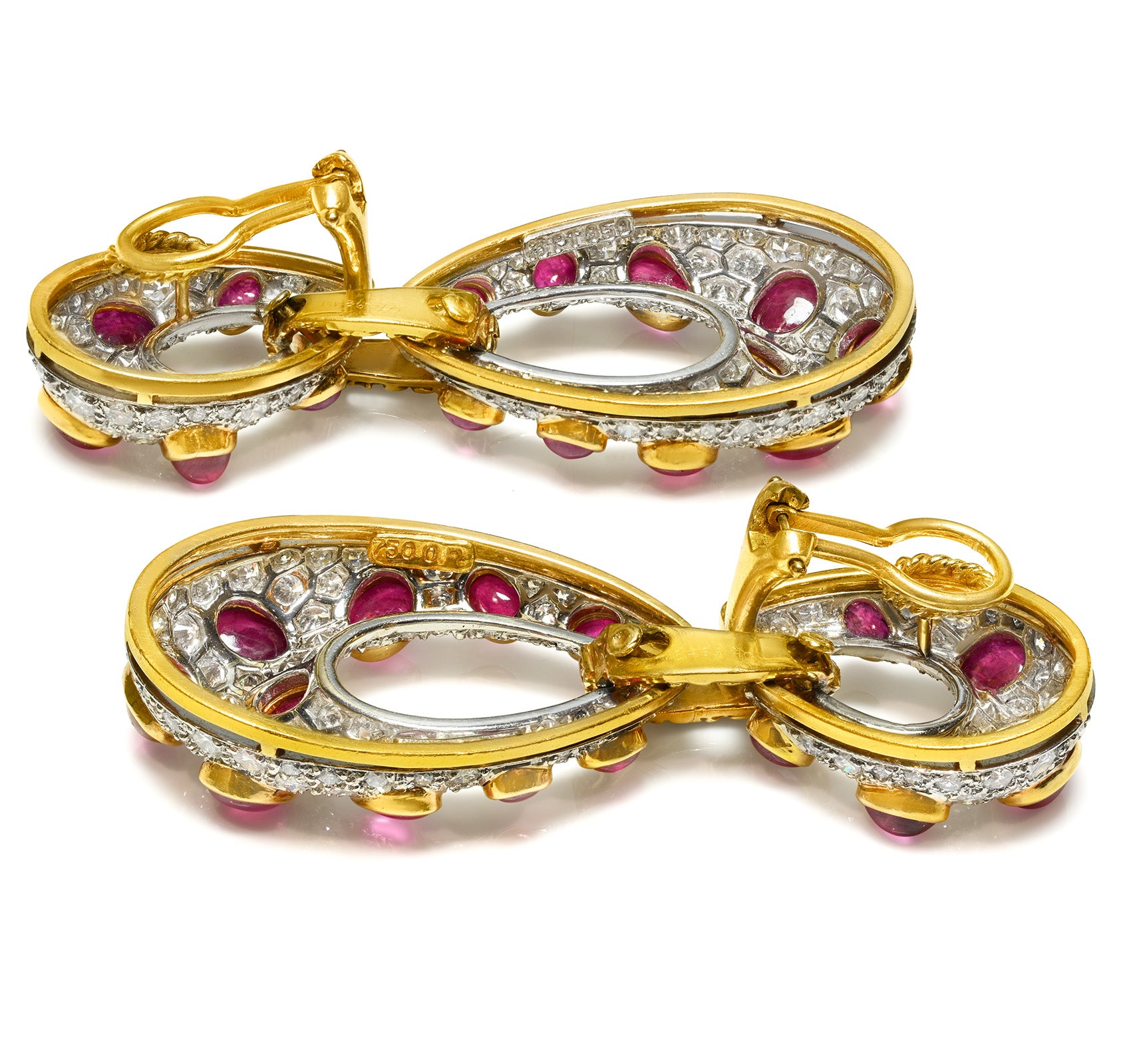 French 18K Gold and Platinum Ruby & Diamond Drop Earrings