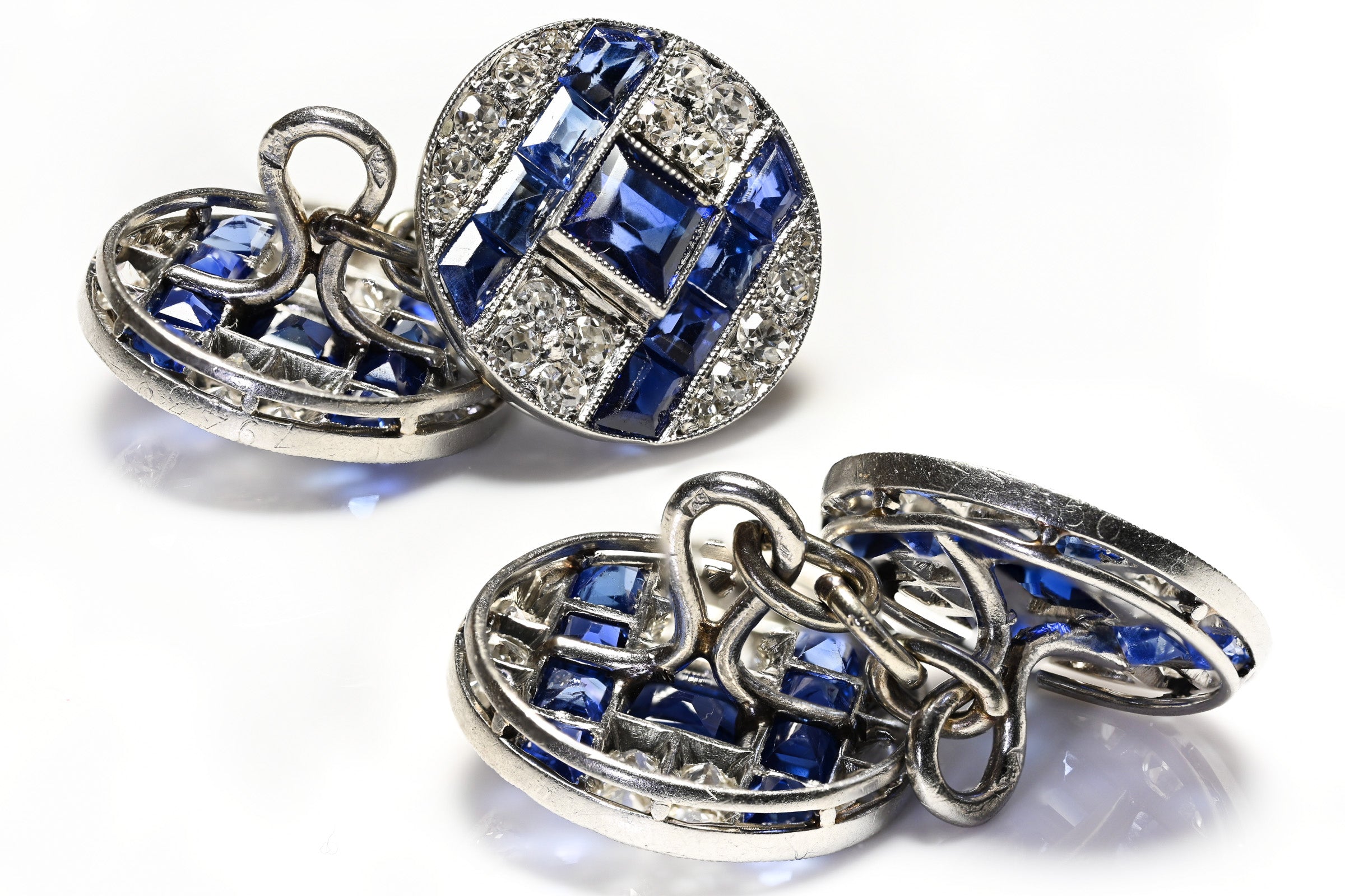 French Art Deco Cufflinks in Platinum with Sapphires and Diamonds