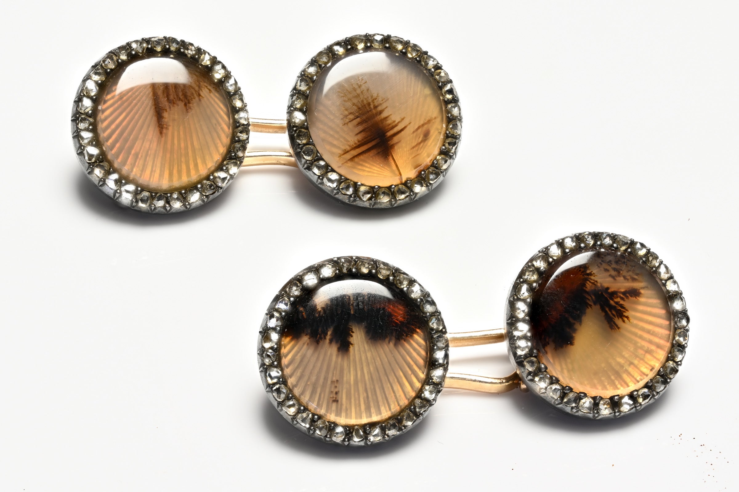 Antique French 18K Gold Silver Scenic Agate Diamond Cufflinks
